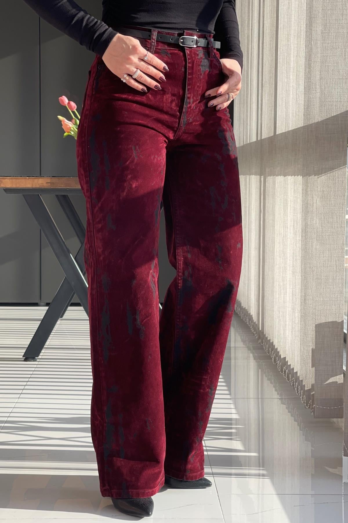 Bordo Siyah Kadife Pantolon