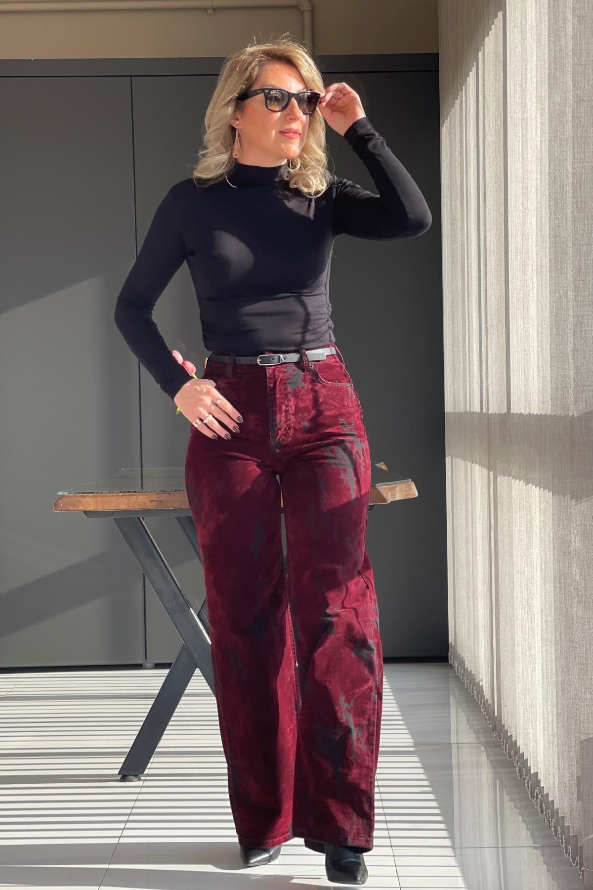 Bordo Siyah Kadife Pantolon