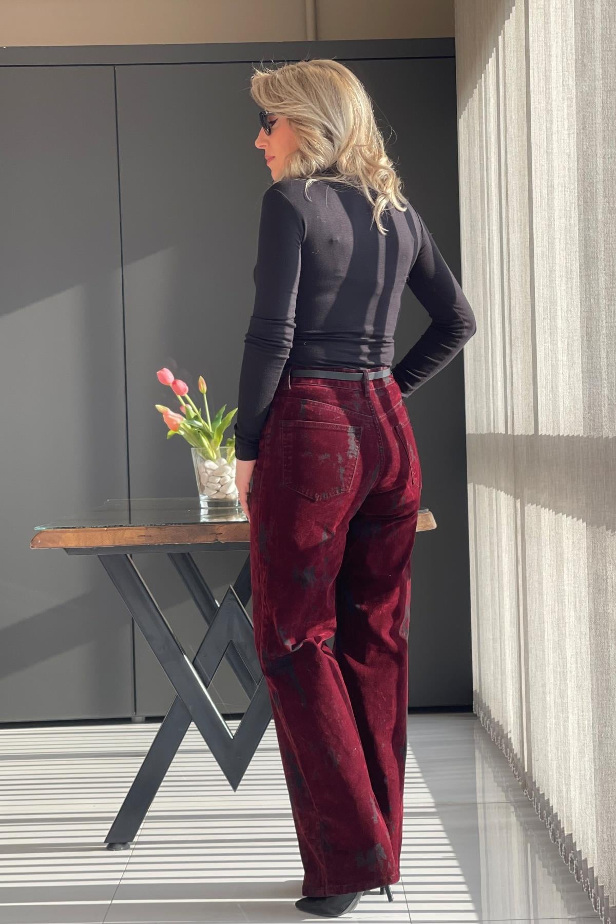 Bordo Siyah Kadife Pantolon