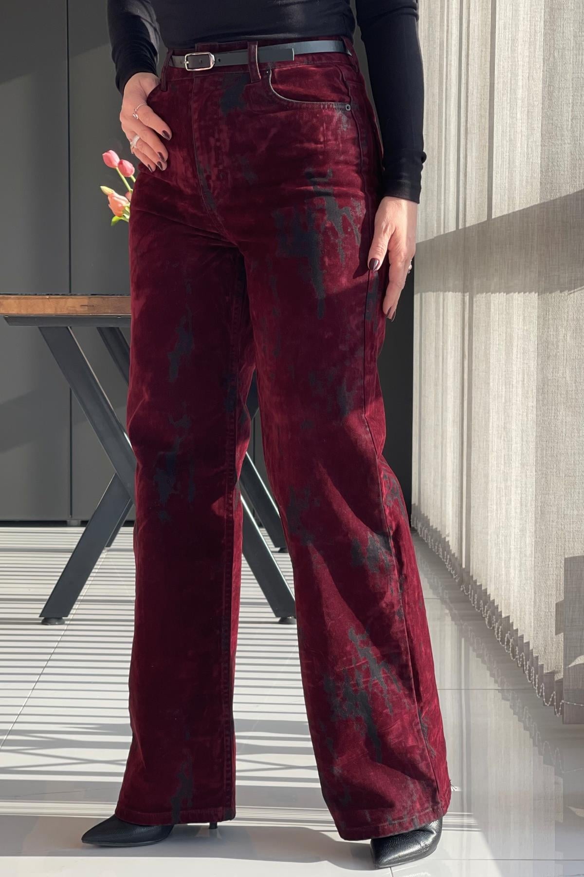 Bordo Siyah Kadife Pantolon