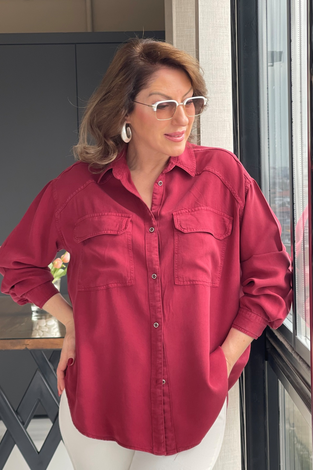 Bordo Tencel Gömlek