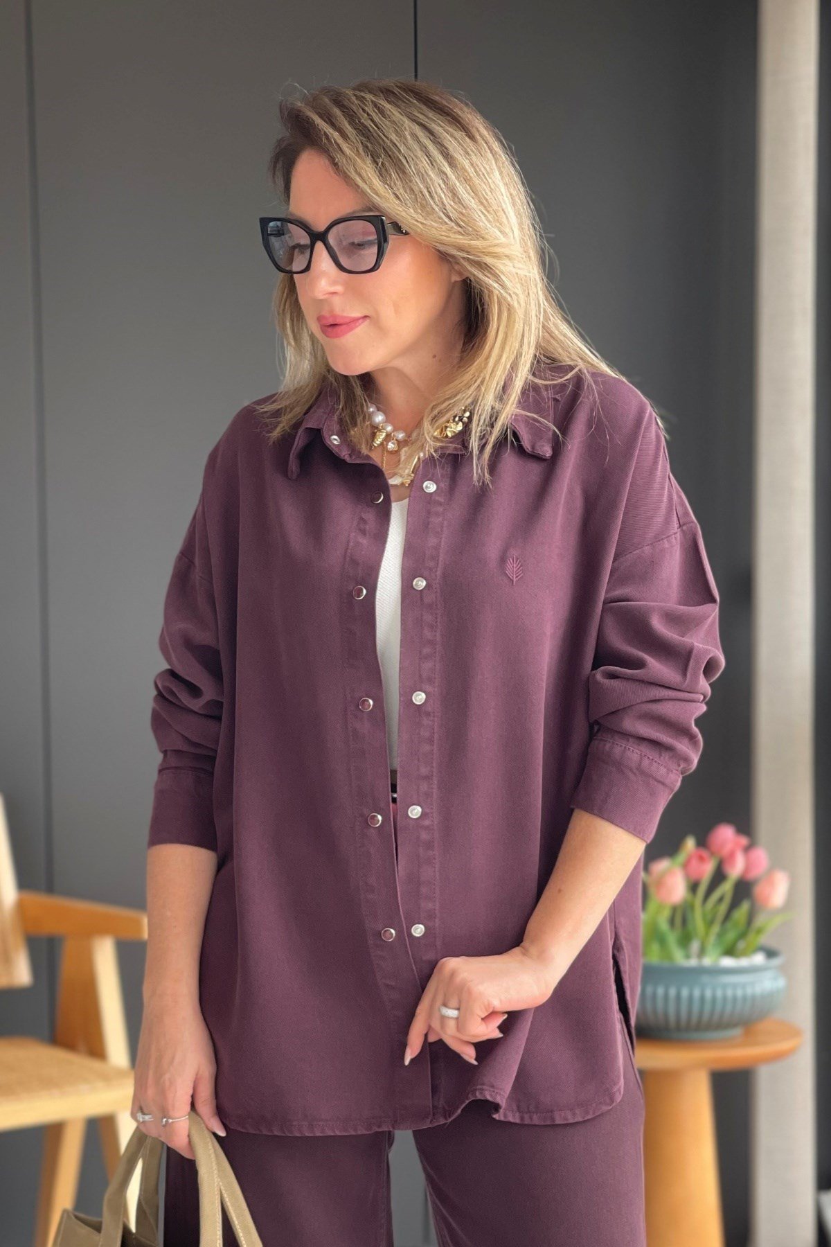 Buğday Motif Tencel Bordo Gömlek