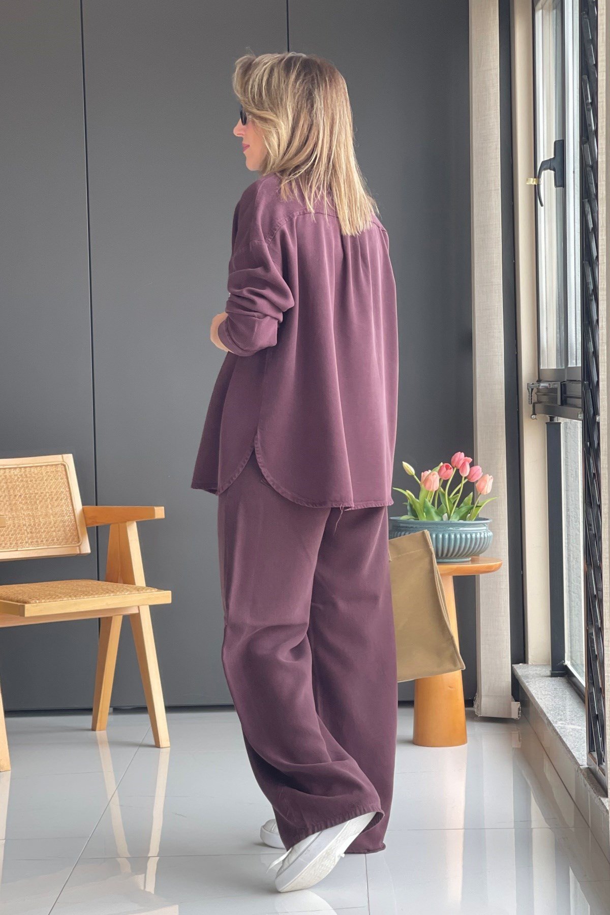 Buğday Motif Tencel Bordo Gömlek
