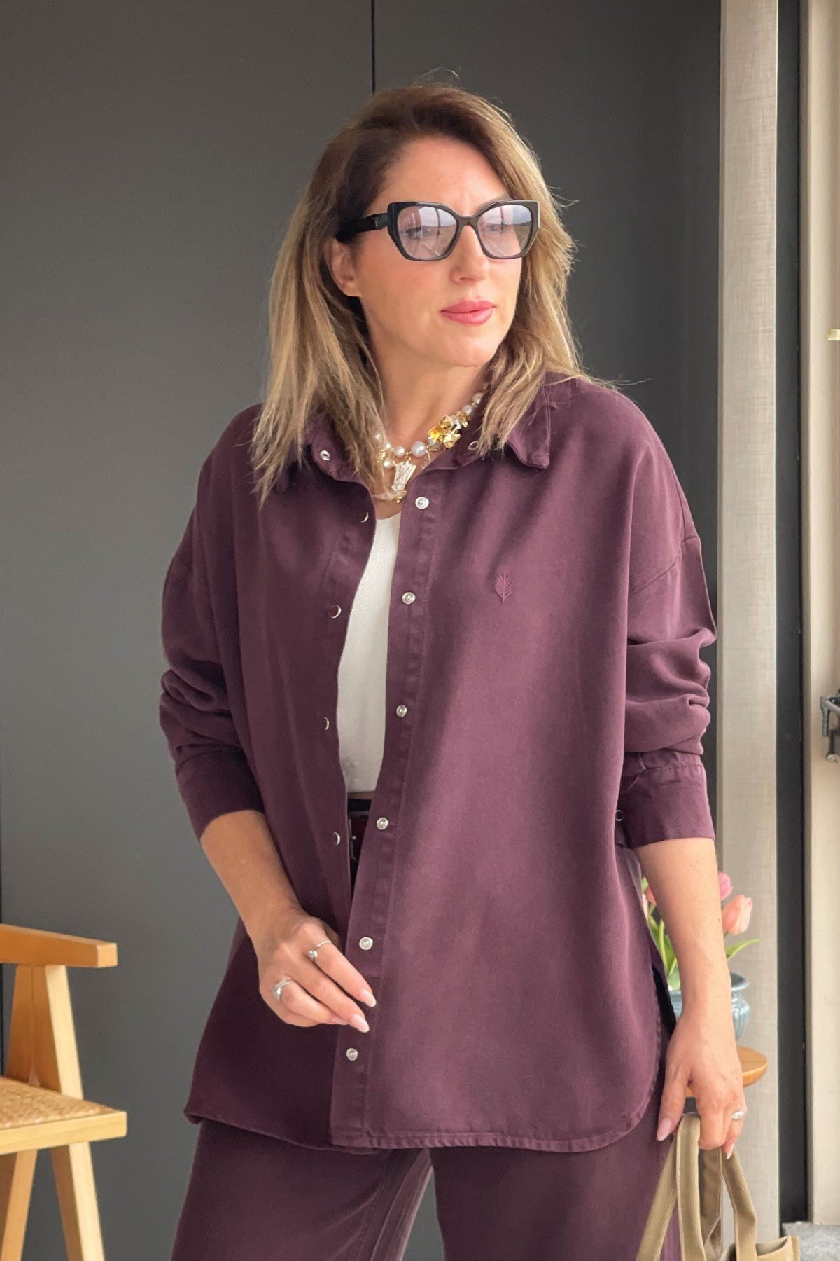 Buğday Motif Tencel Bordo Gömlek