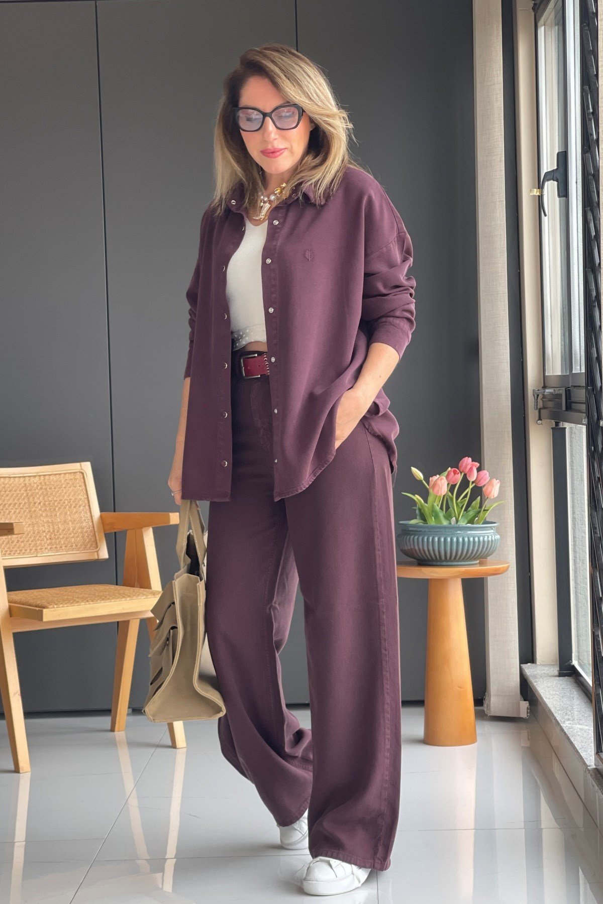 Buğday Motif Tencel Bordo Gömlek