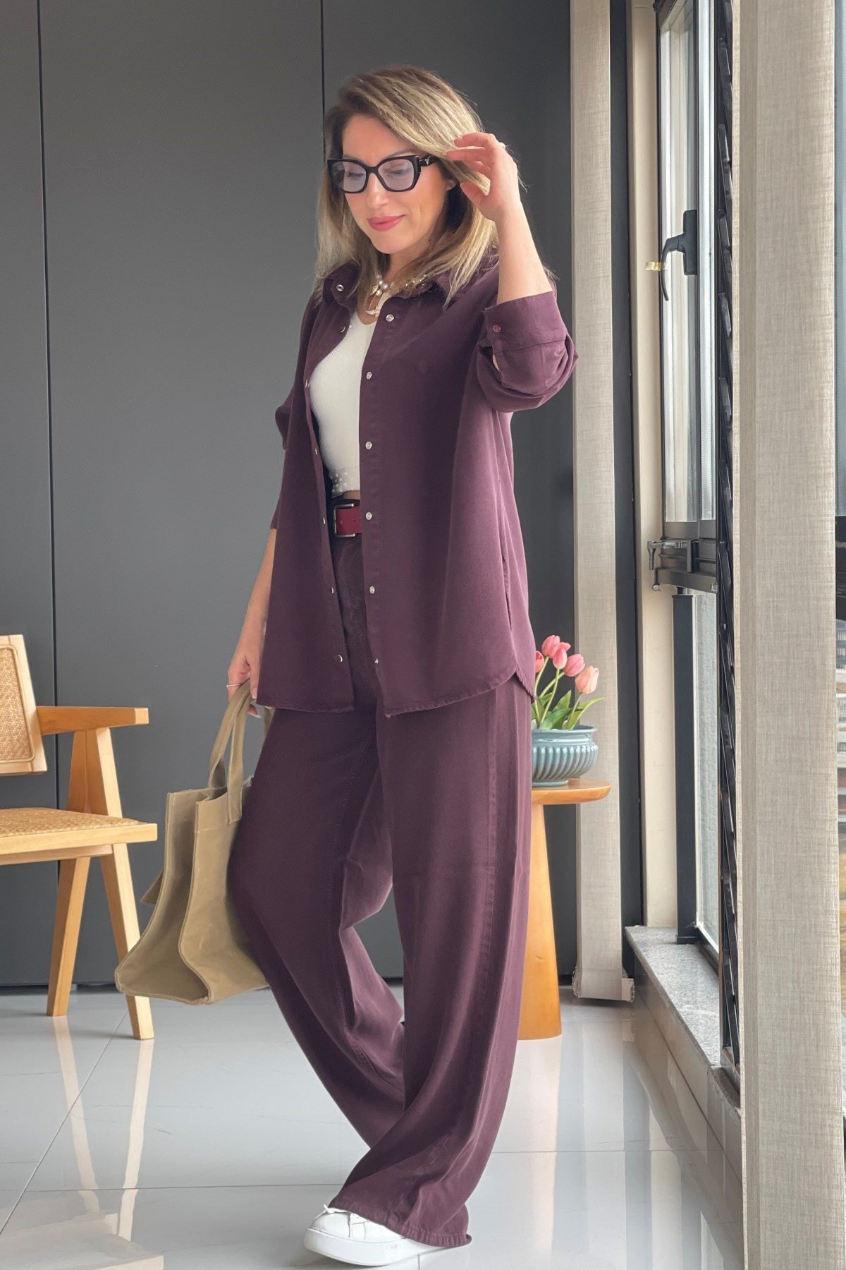 Buğday Motif Tencel Bordo Gömlek