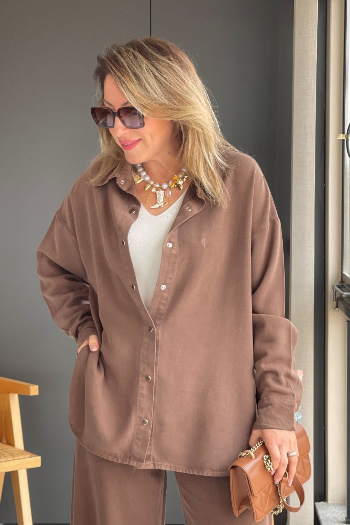 Buğday Motif Tencel Kahve Gömlek