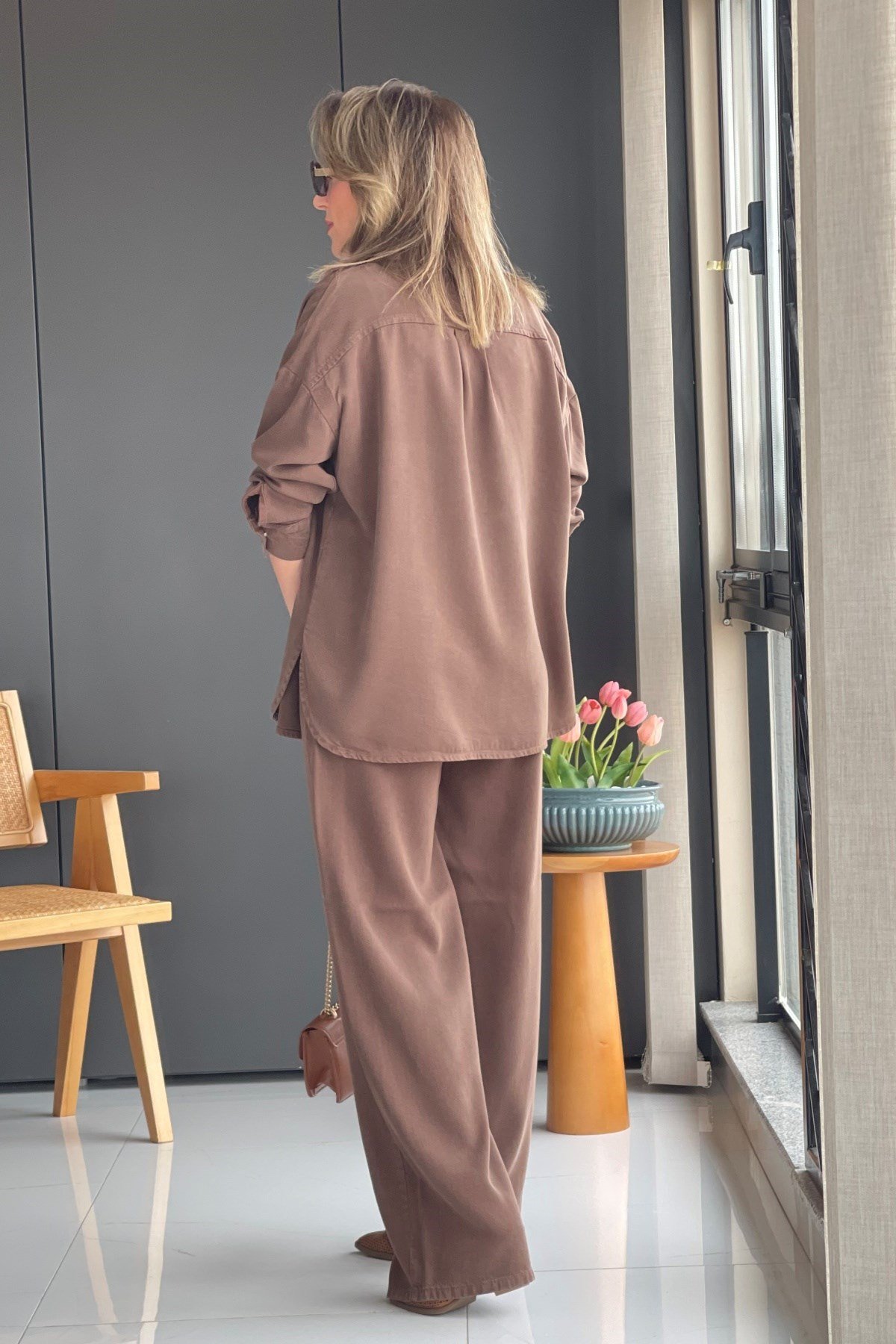 Buğday Motif Tencel Kahve Gömlek