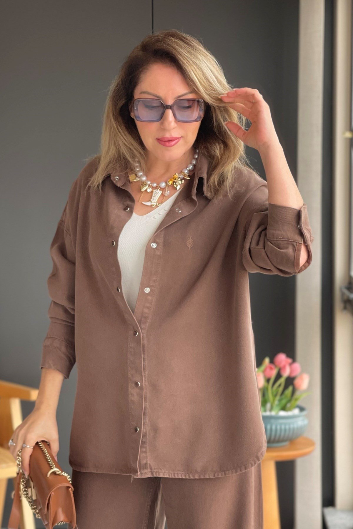 Buğday Motif Tencel Kahve Gömlek