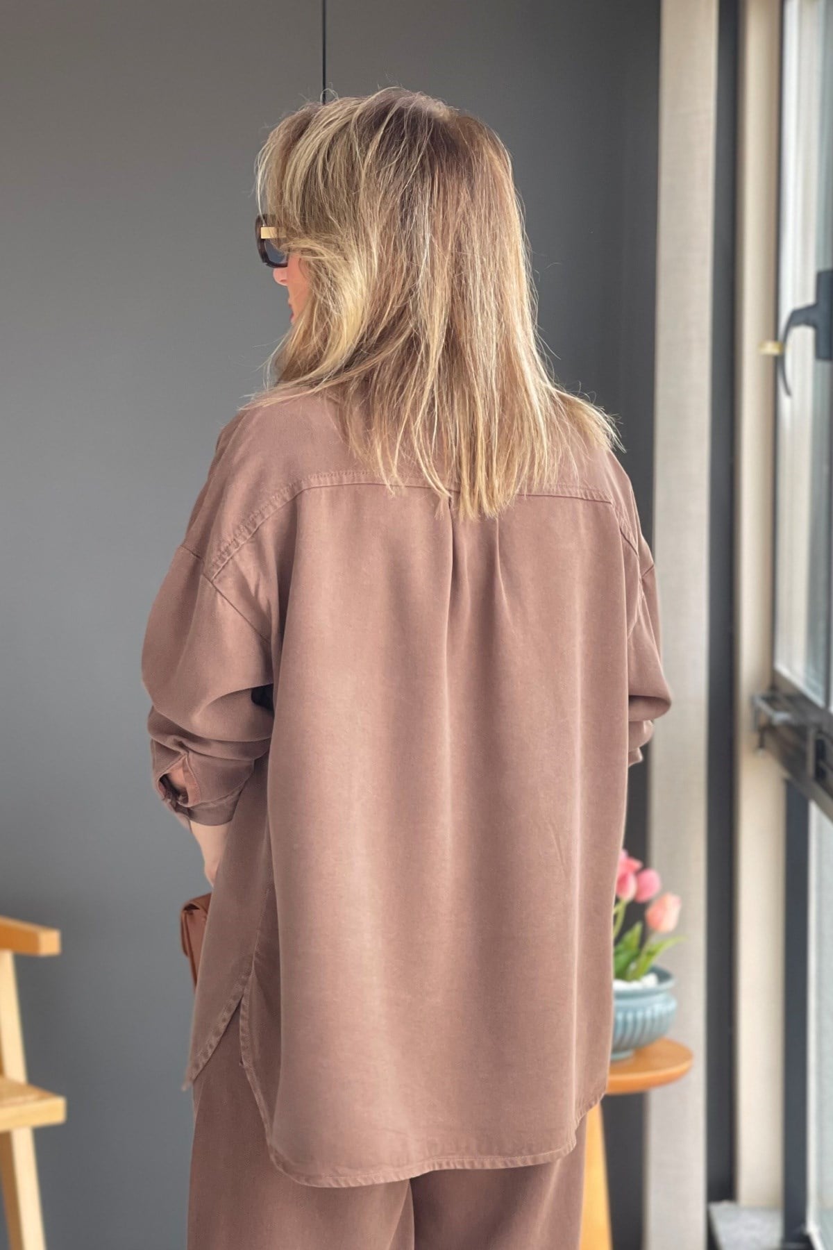 Buğday Motif Tencel Kahve Gömlek