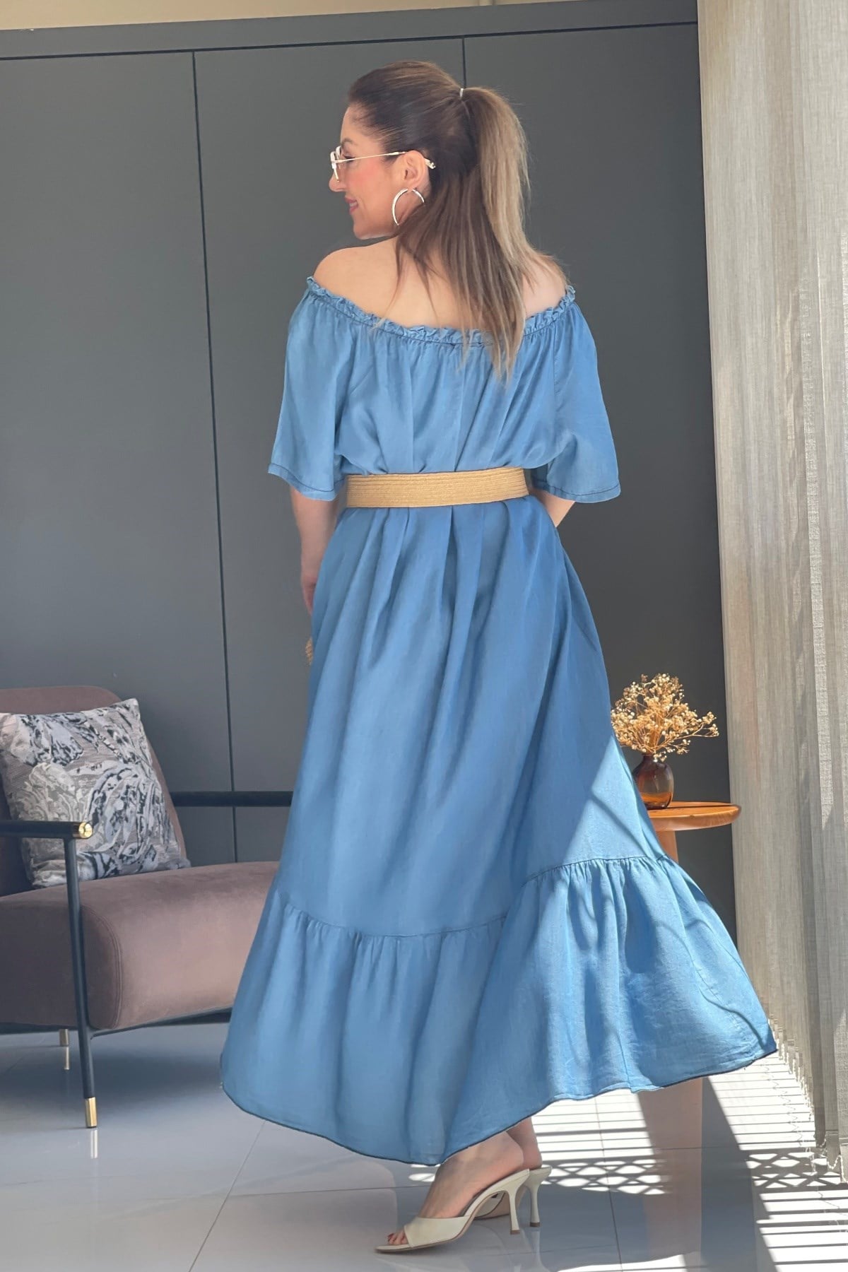 Büzgü Yaka İthal İndigo Elbise