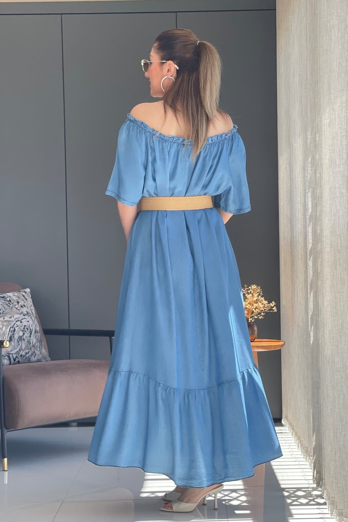 Büzgü Yaka İthal İndigo Elbise