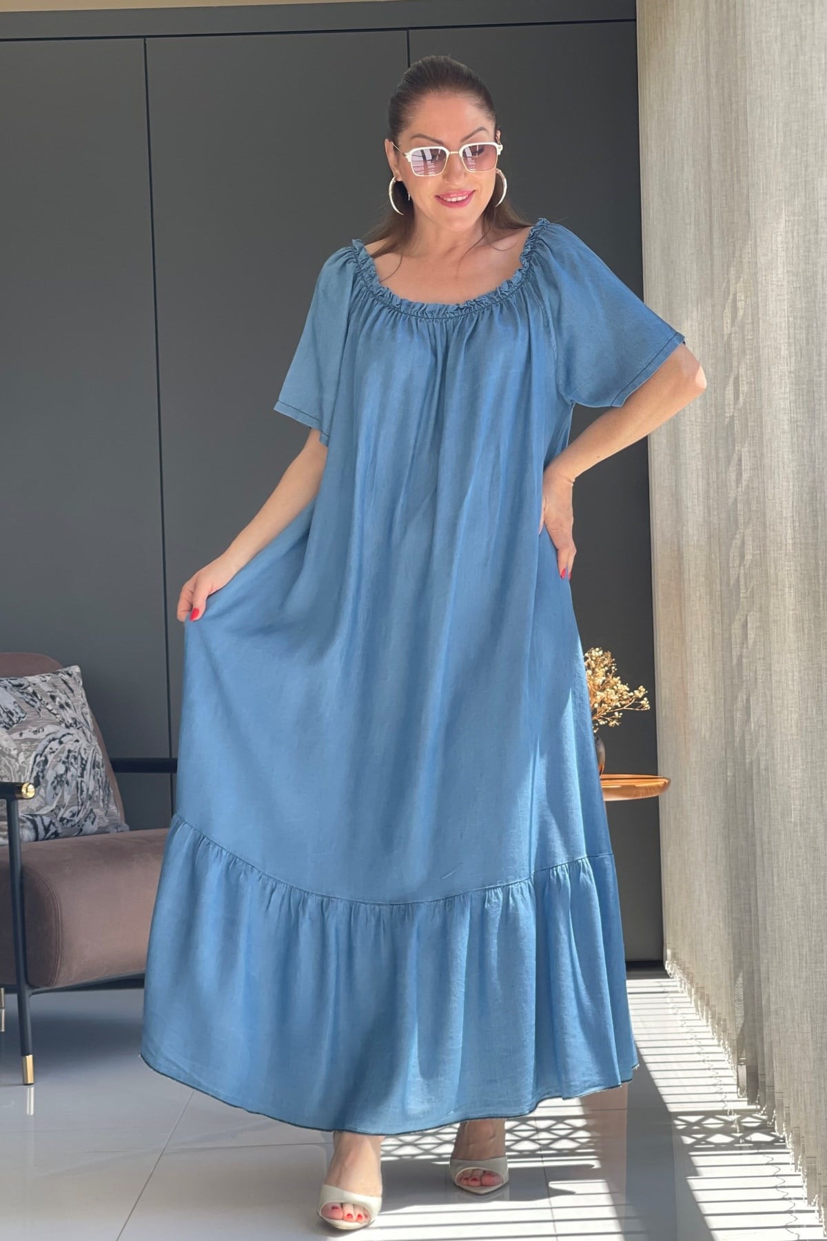 Büzgü Yaka İthal İndigo Elbise