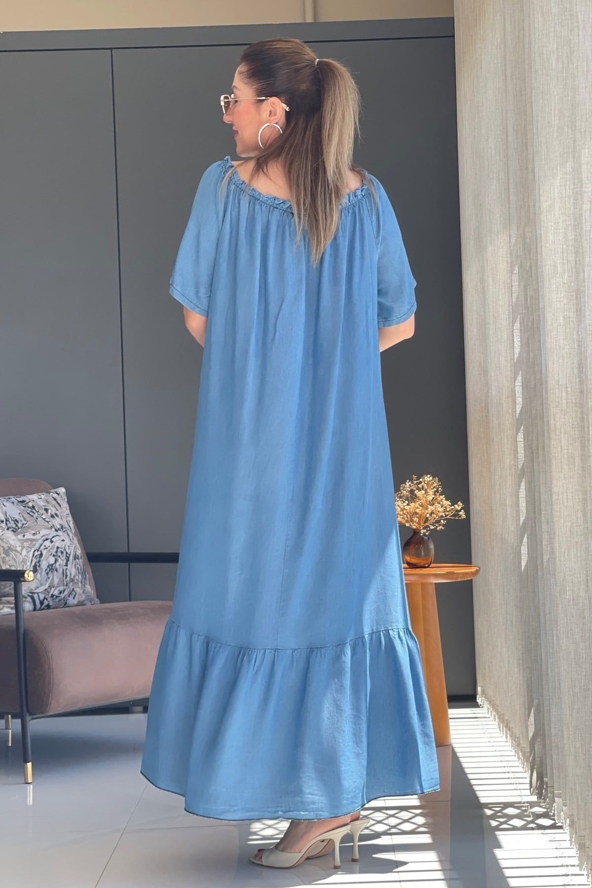 Büzgü Yaka İthal İndigo Elbise