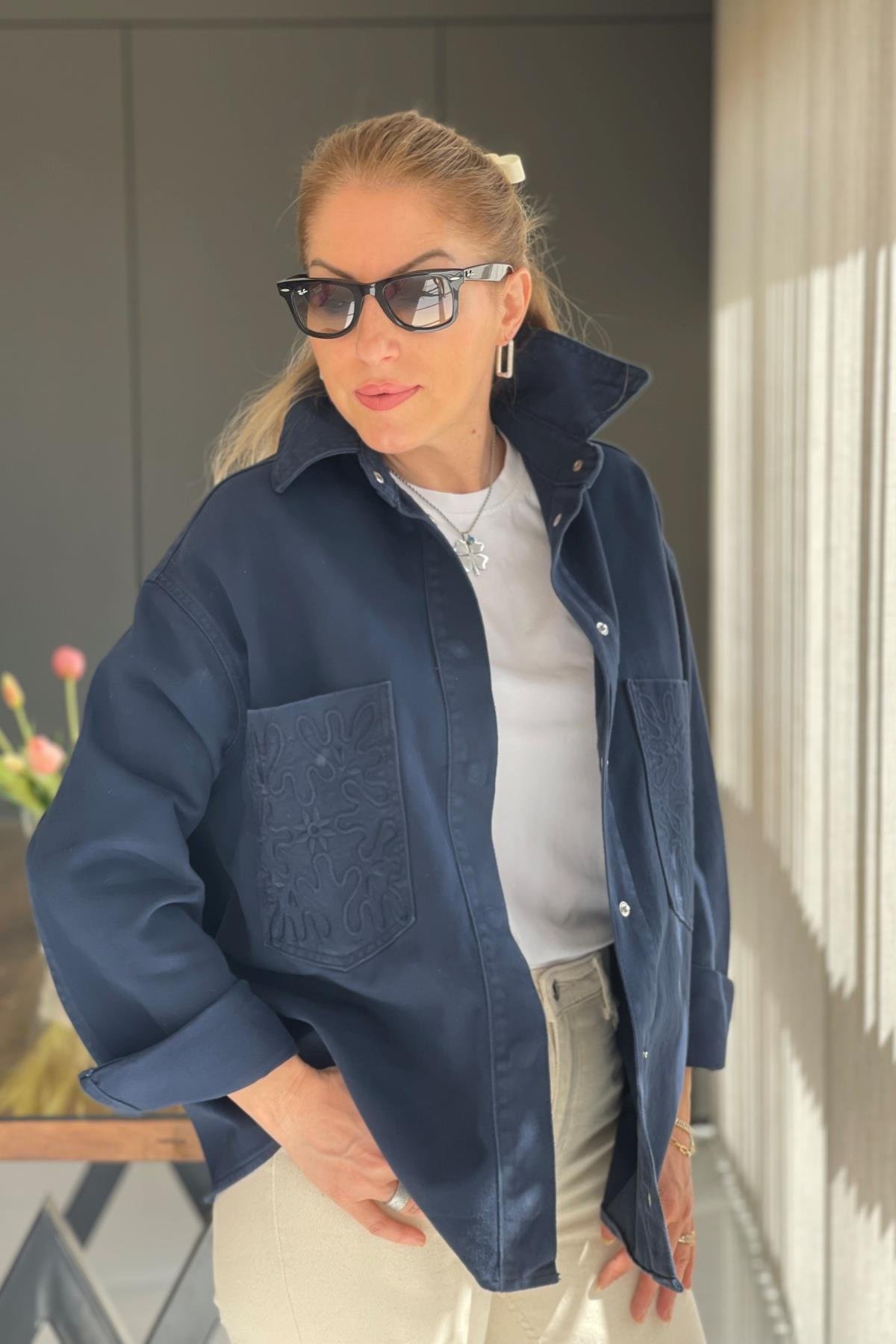 Cep Nakışlı Lacivert Gabardin Ceket