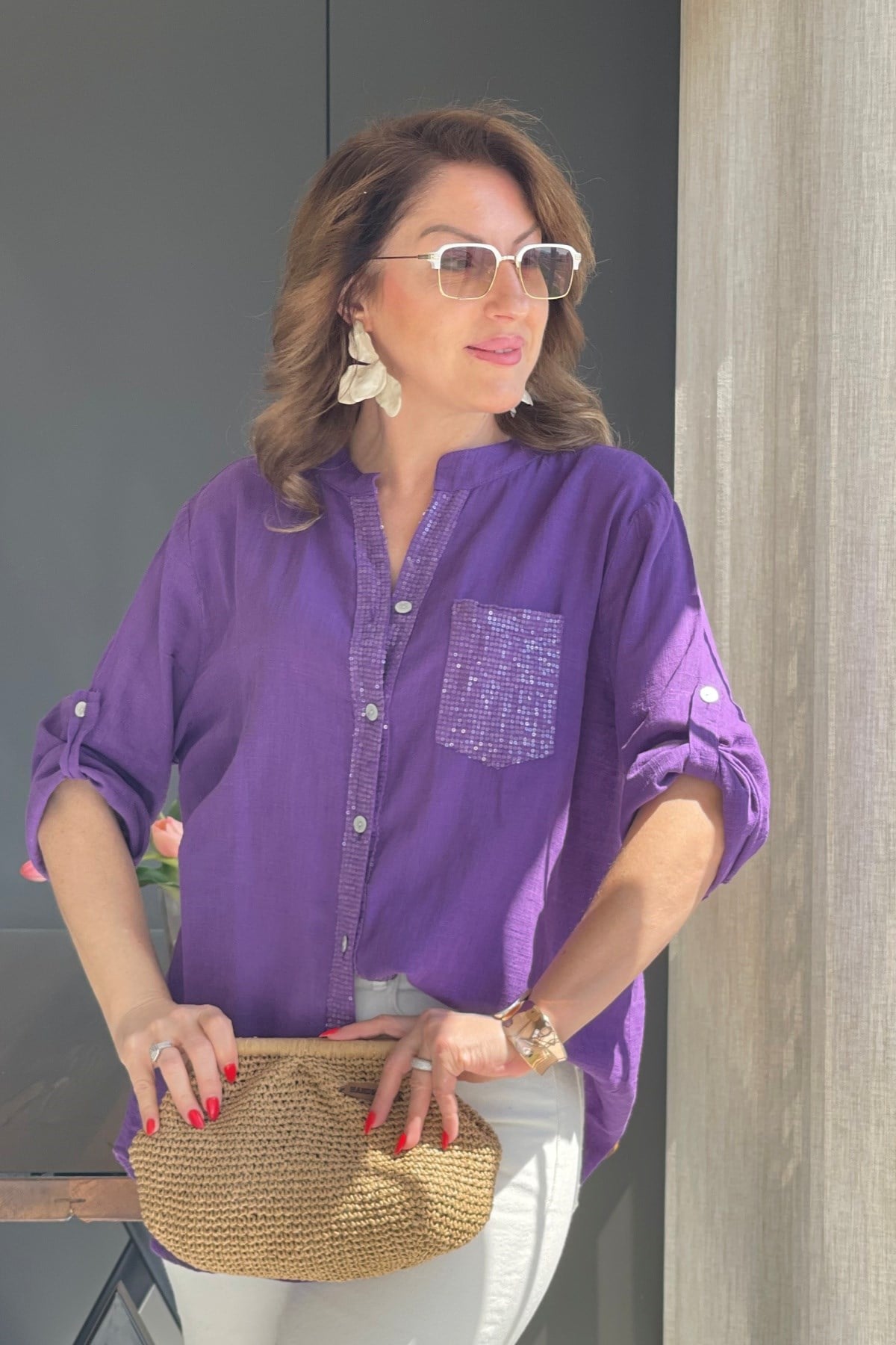 Cep Pul Detay İthal Mor Gömlek