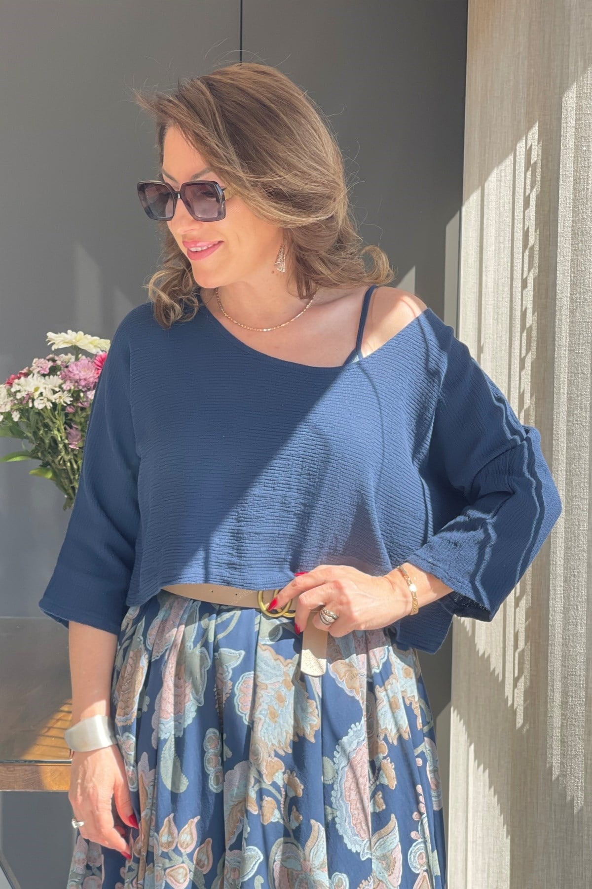 Çiçek Desen İthal  Lacivert Elbise