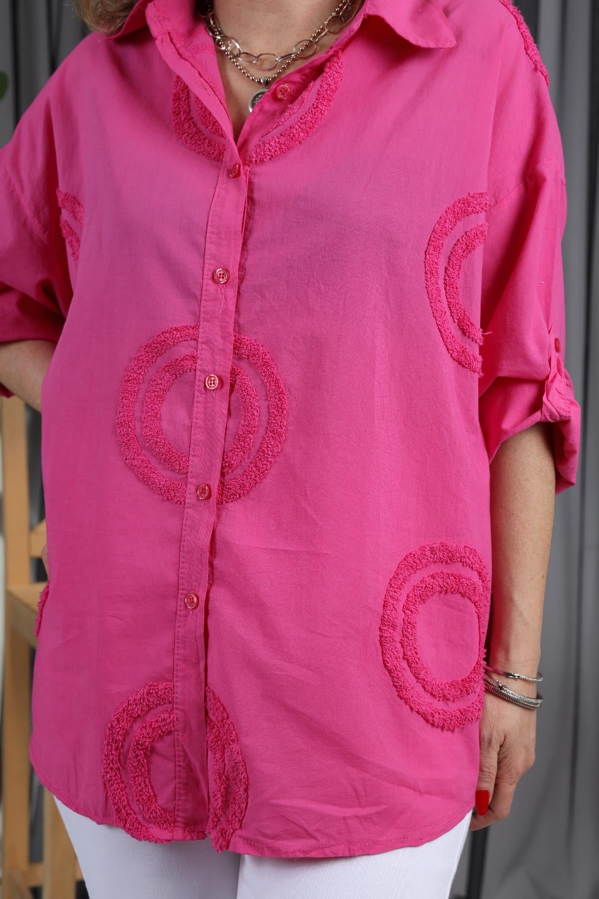 Daire Kabartmalı İthal Pembe Gömlek