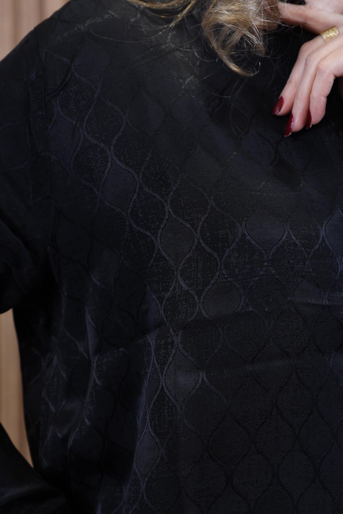 Damla Desen Siyah Saten Oversize Gömlek