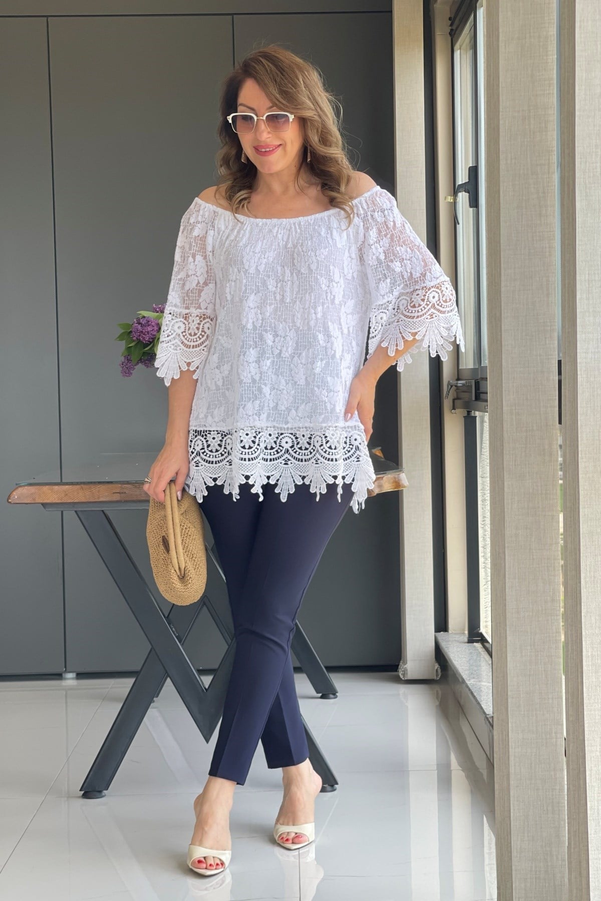 Dantelli İthal Pamuk Beyaz Bluz