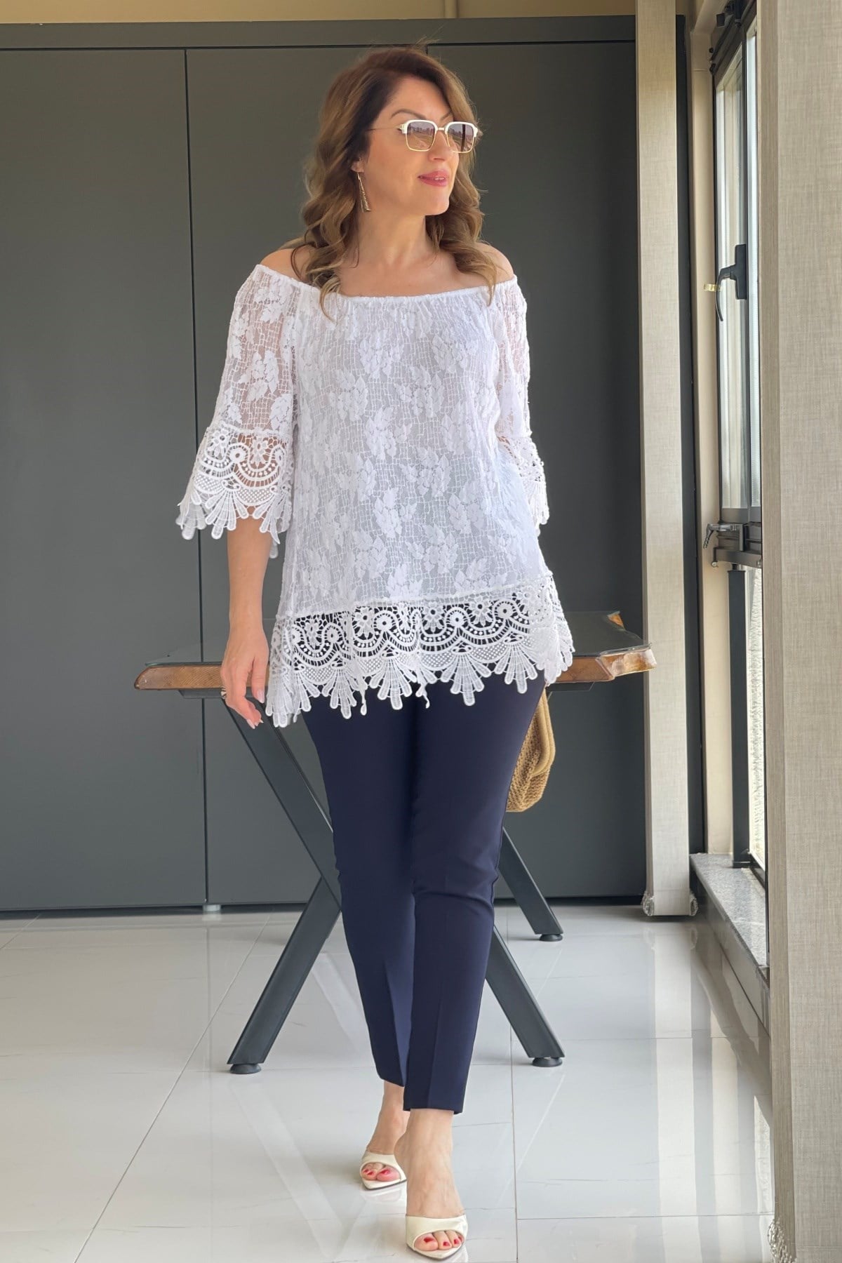 Dantelli İthal Pamuk Beyaz Bluz