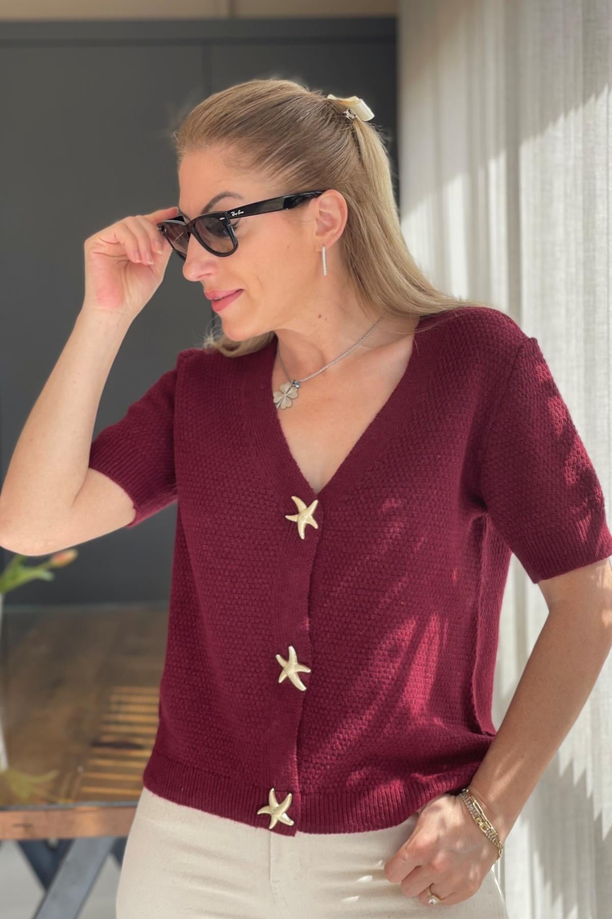 Deniz Yıldızı Düğme Detay Bordo Hırka