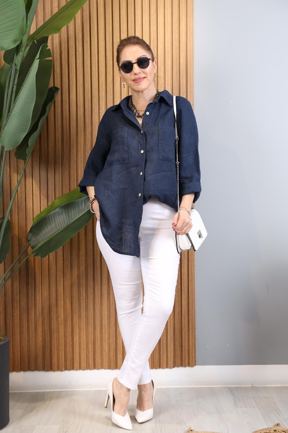 Duble Kol İthal Hamketen Lacivert Gömlek