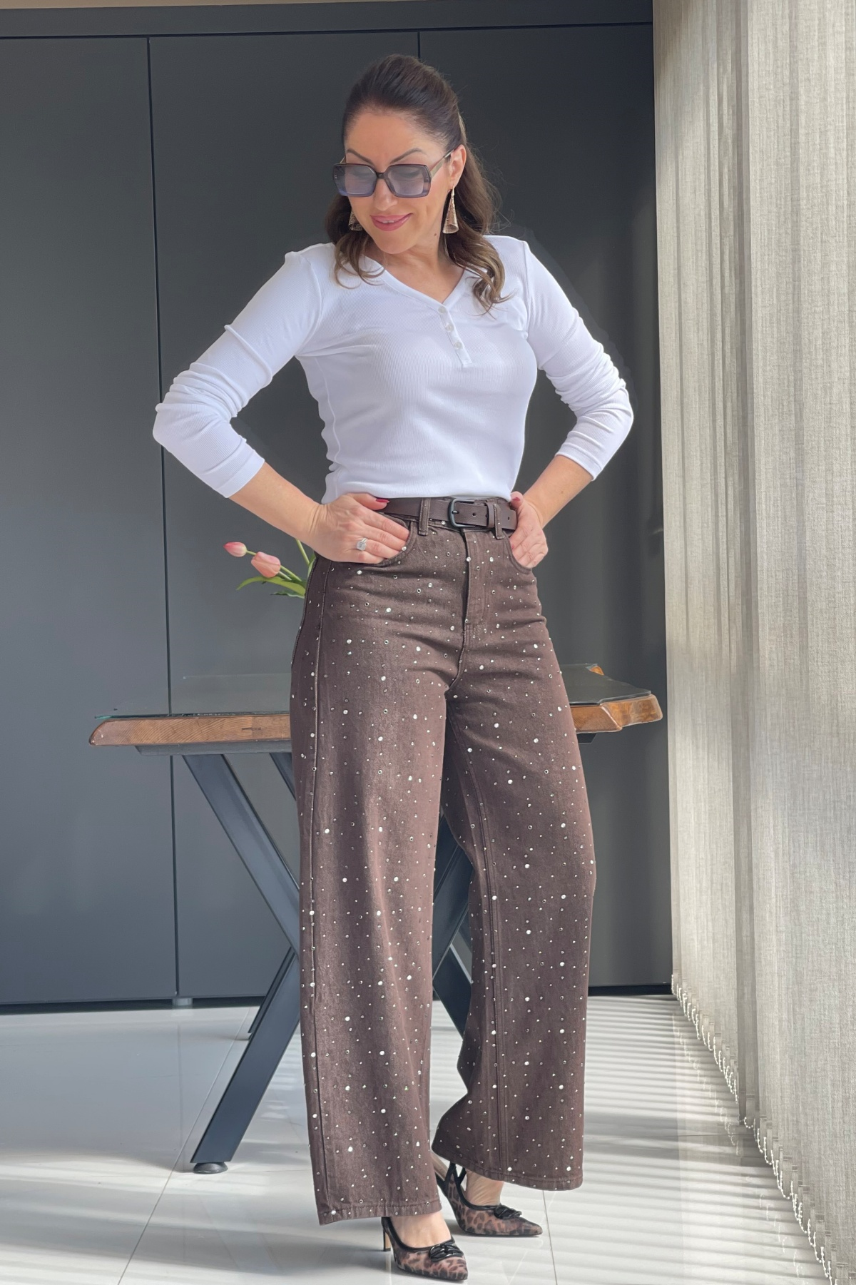 Düğme Detay Fitilli Beyaz Bluz
