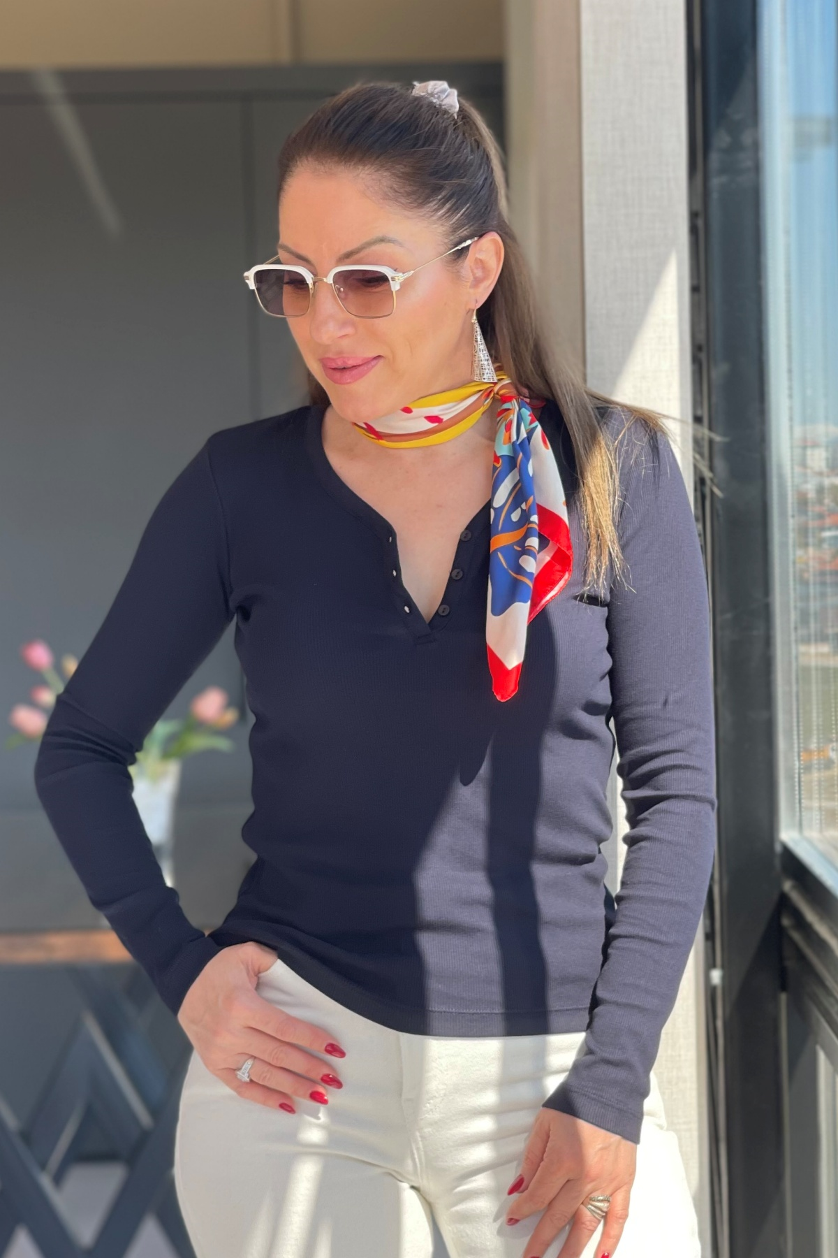Düğme Detay Fitilli Lacivert Bluz