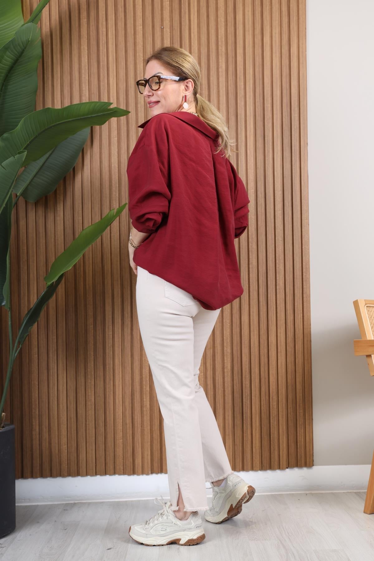 Düşük Omuz Oversize Bordo Gömlek