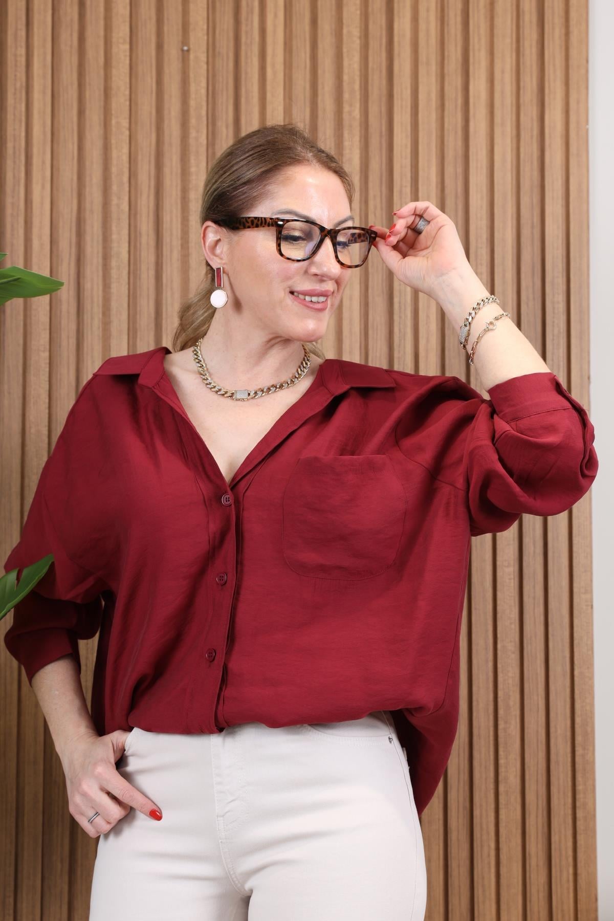 Düşük Omuz Oversize Bordo Gömlek