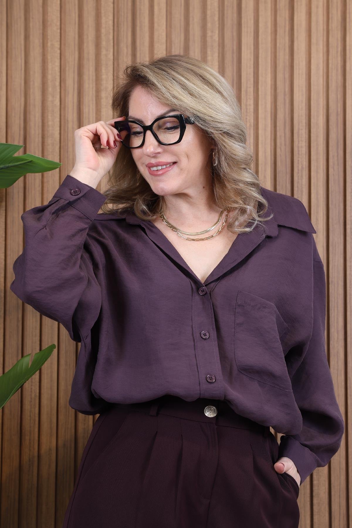 Düşük Omuz Oversize Mürdüm Gömlek