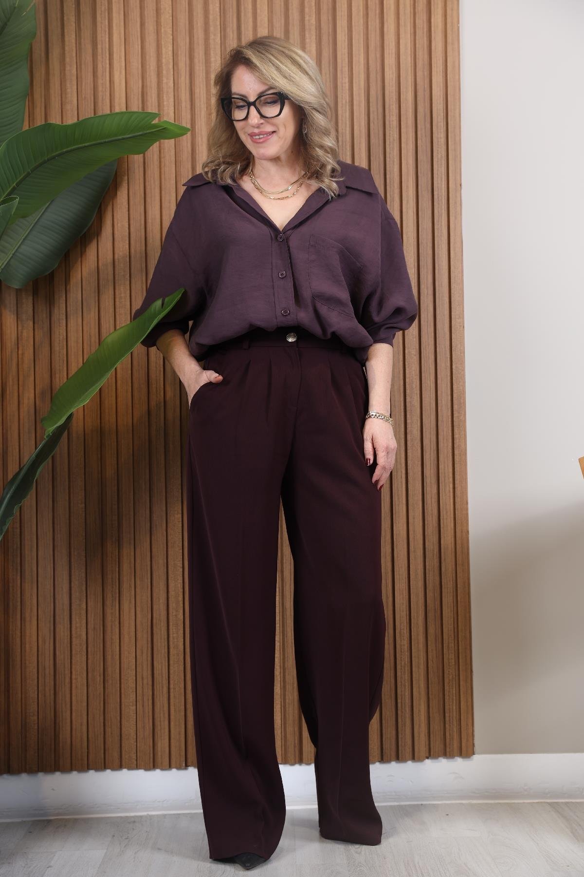 Düşük Omuz Oversize Mürdüm Gömlek