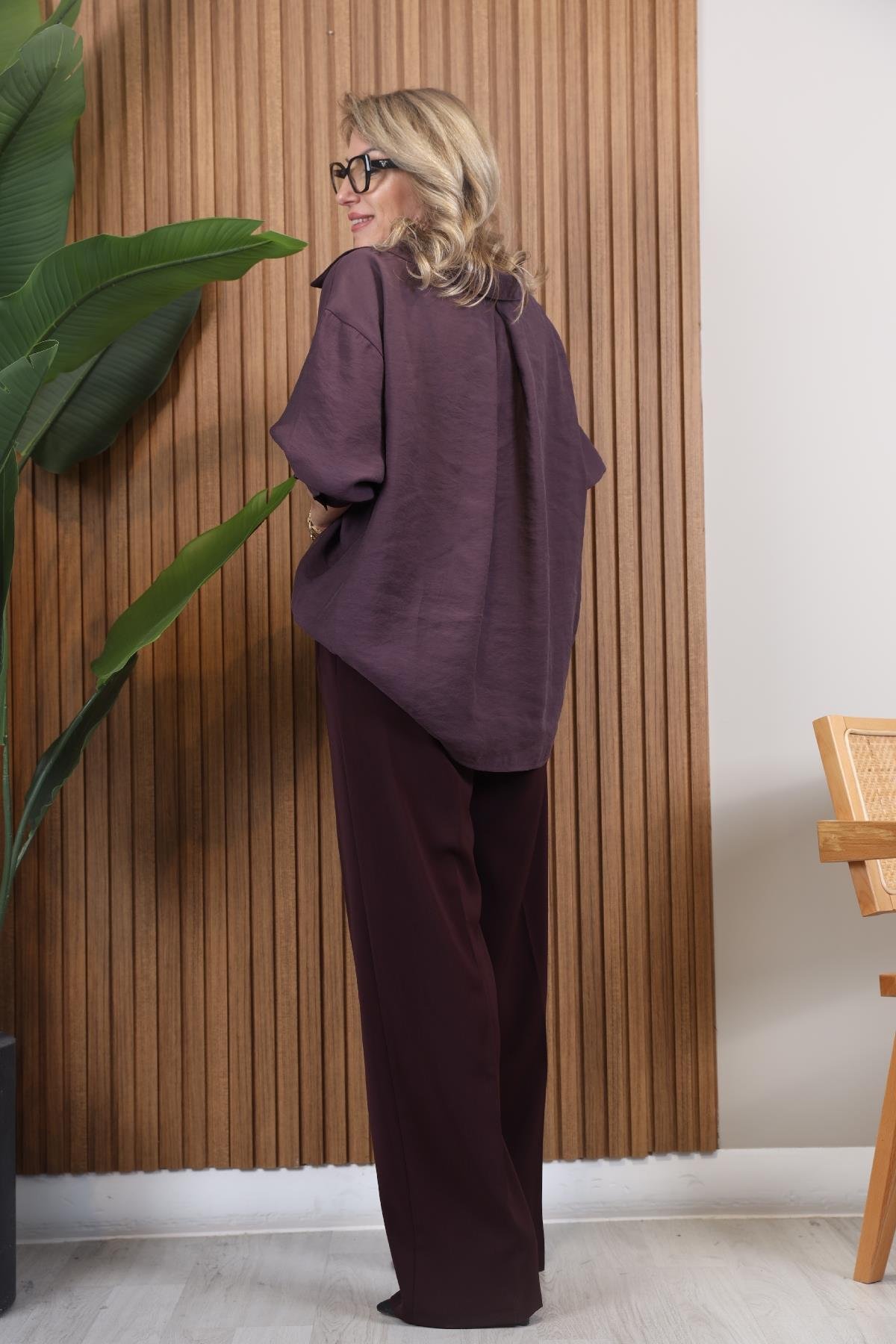 Düşük Omuz Oversize Mürdüm Gömlek