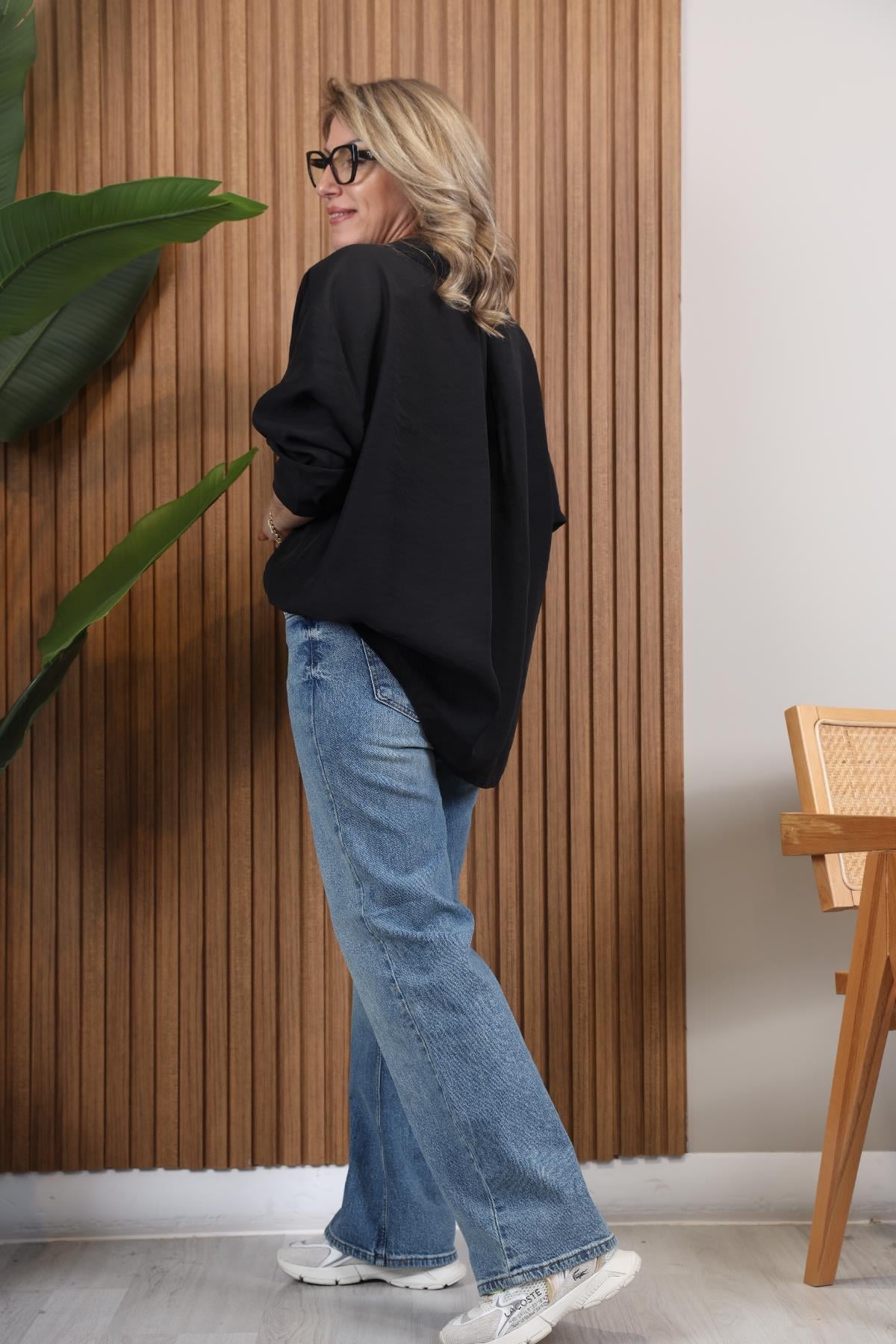 Düşük Omuz Oversize Siyah Gömlek