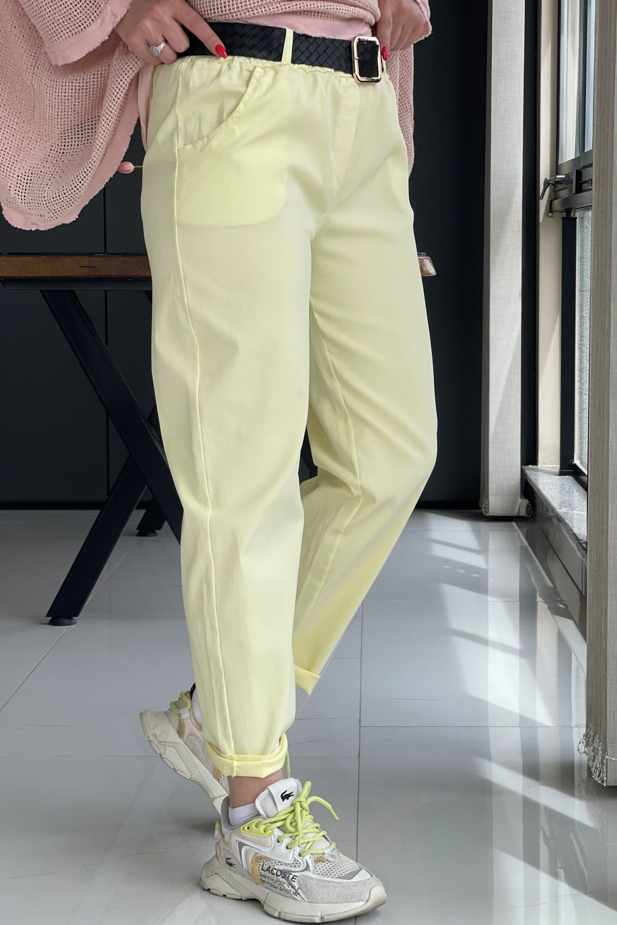Düz Desen İthal Sarı Pantolon