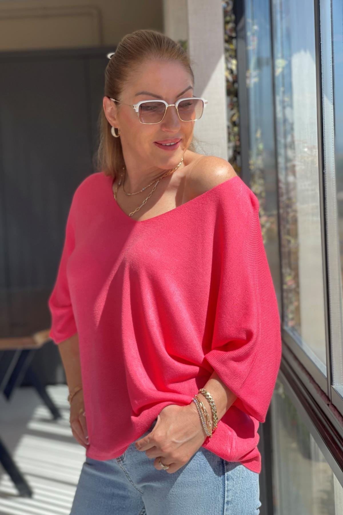 Düz Desen Pembe Triko Kazak