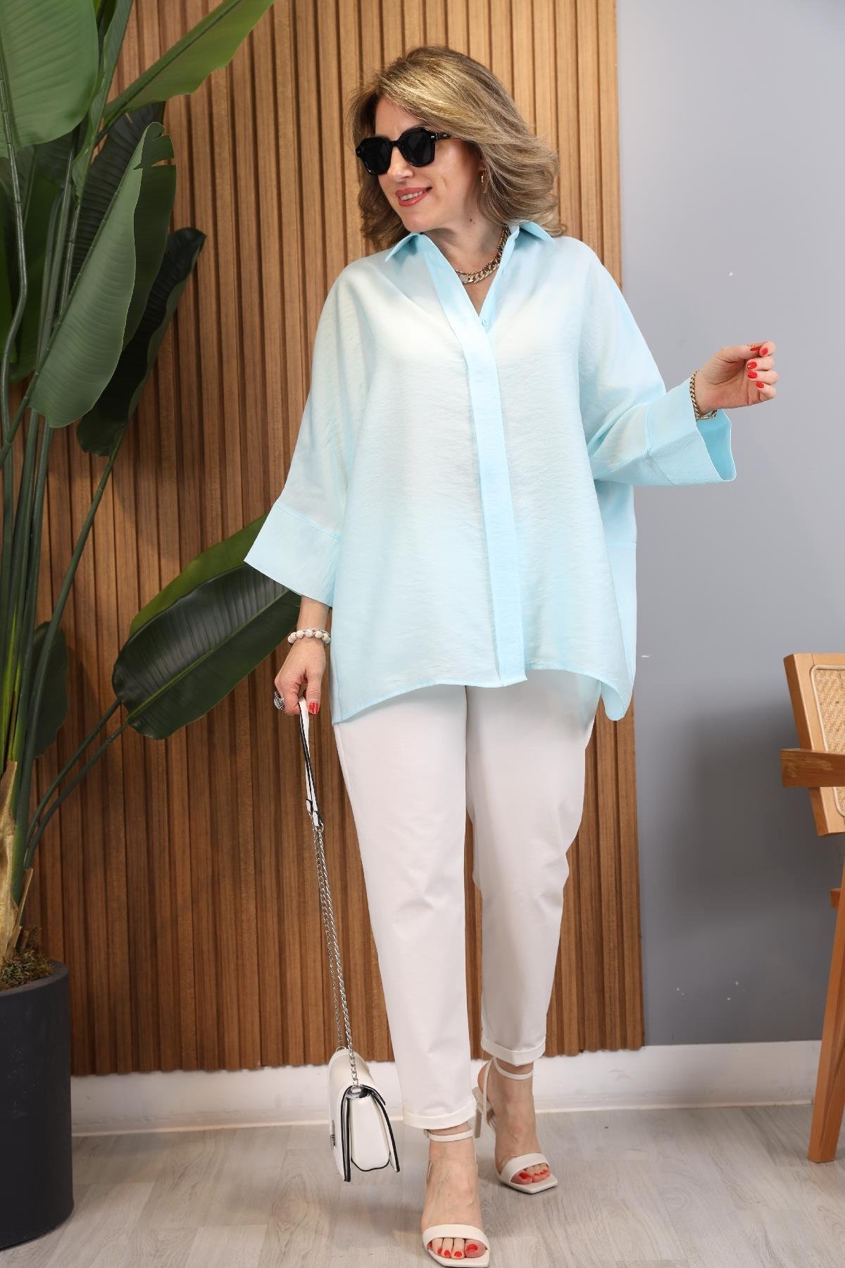 Fakir Kol Oversize Mint Yeşili Gömlek
