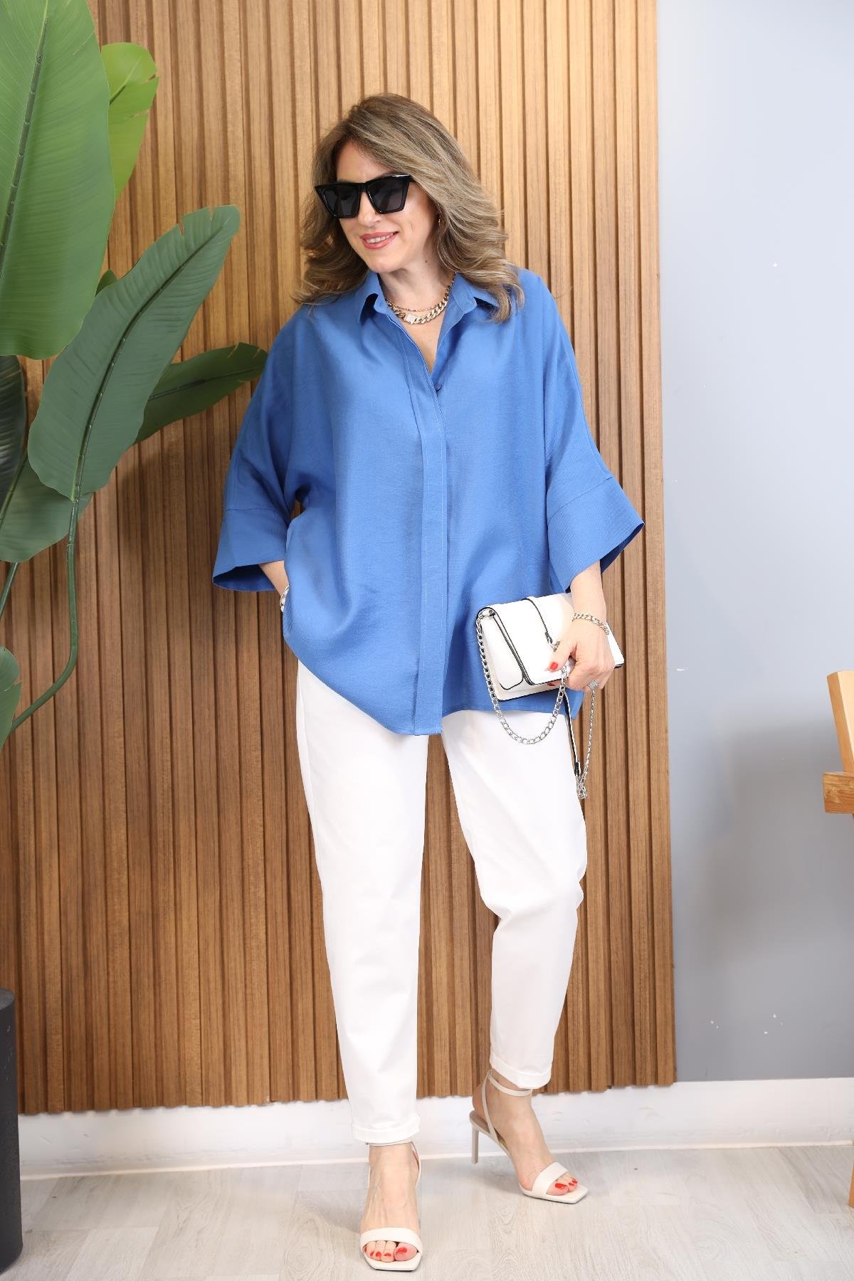 Fakir Kol Oversize Saks Mavi Gömlek