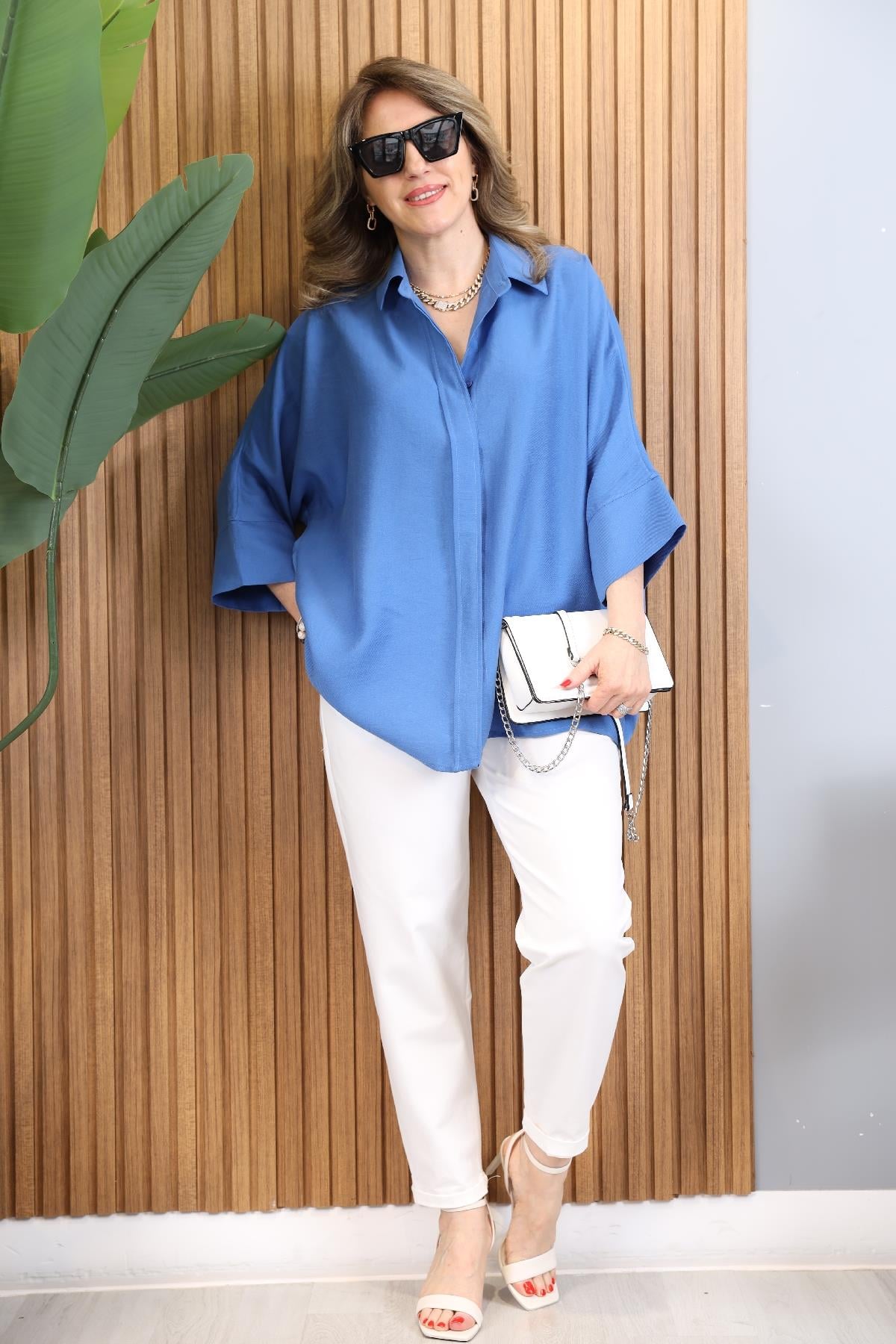 Fakir Kol Oversize Saks Mavi Gömlek