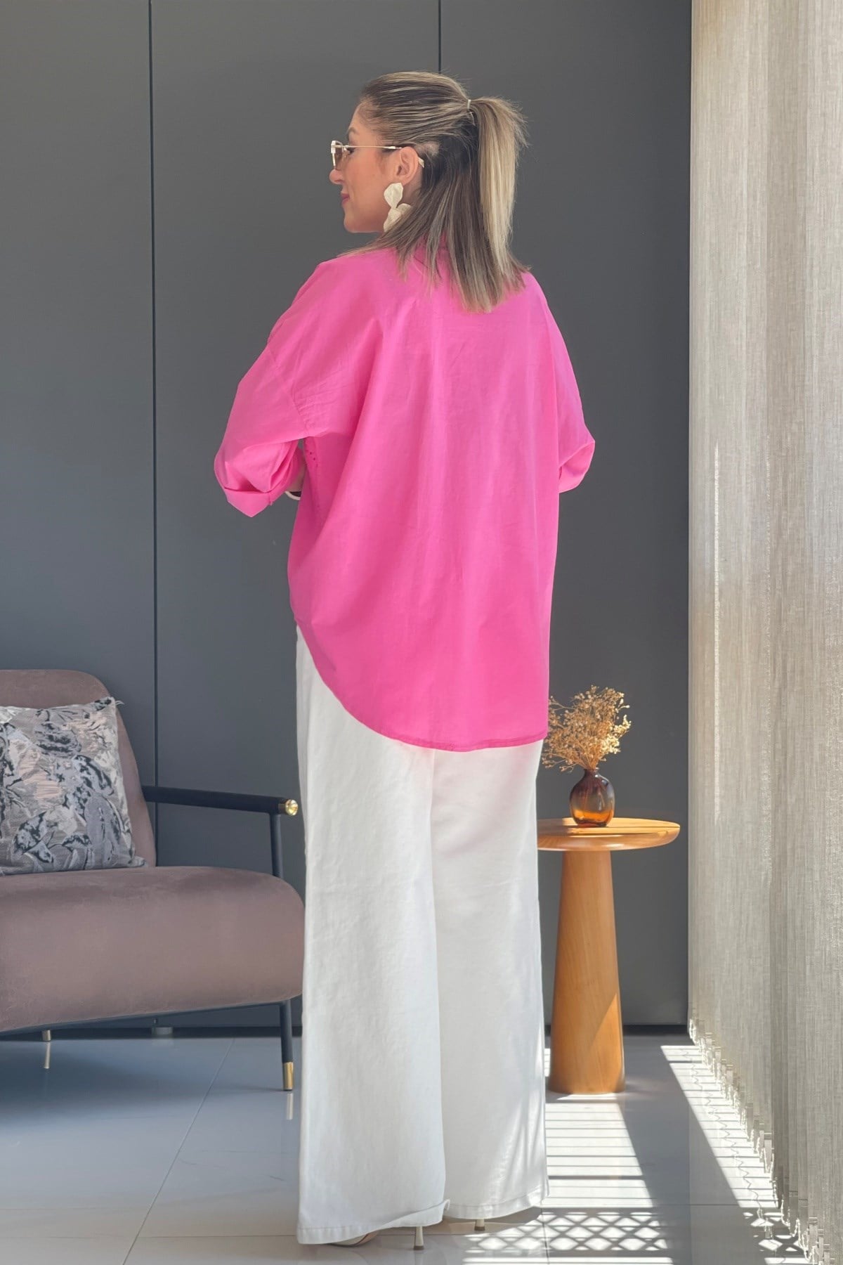 Fistolu Şal Desen Pembe Gömlek