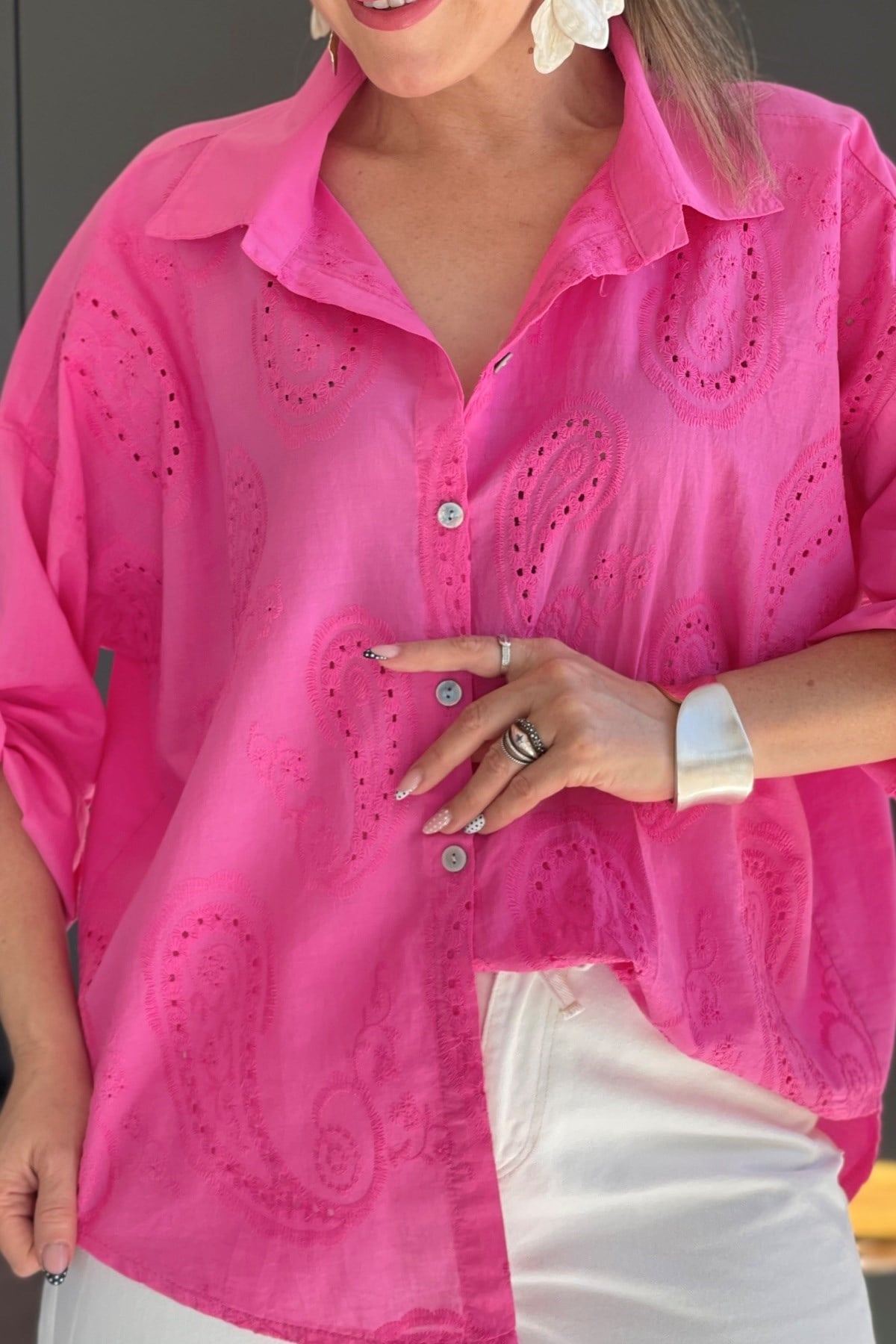 Fistolu Şal Desen Pembe Gömlek