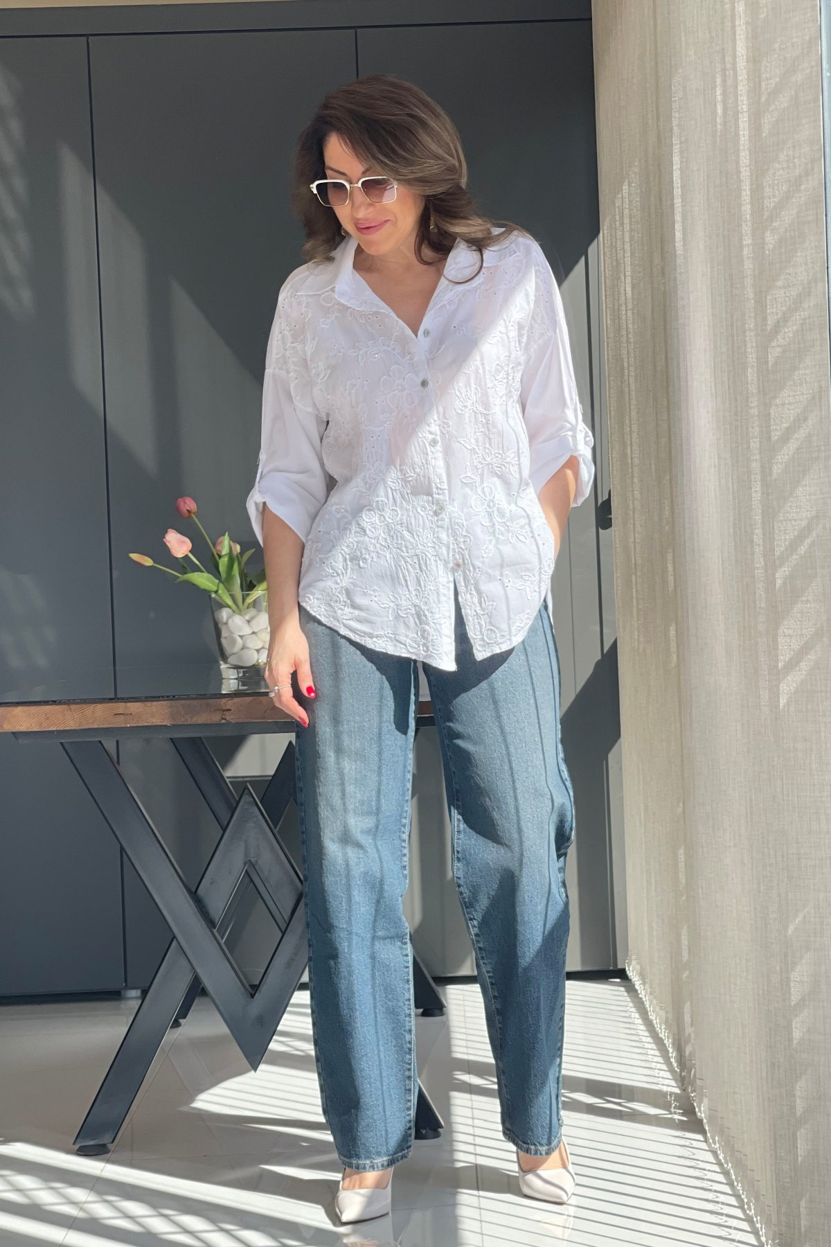 Floral Desen Beyaz Gömlek