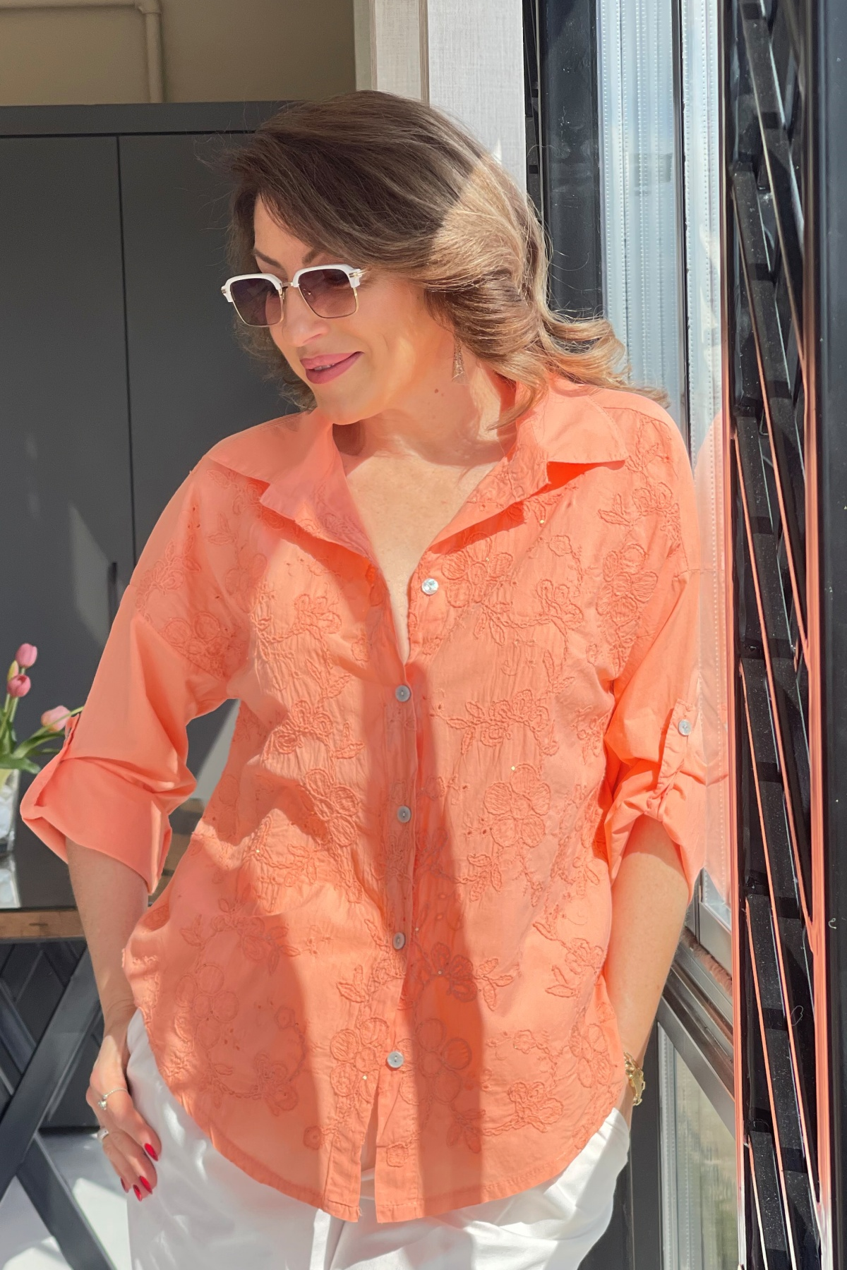 Floral Desen Orange Gömlek