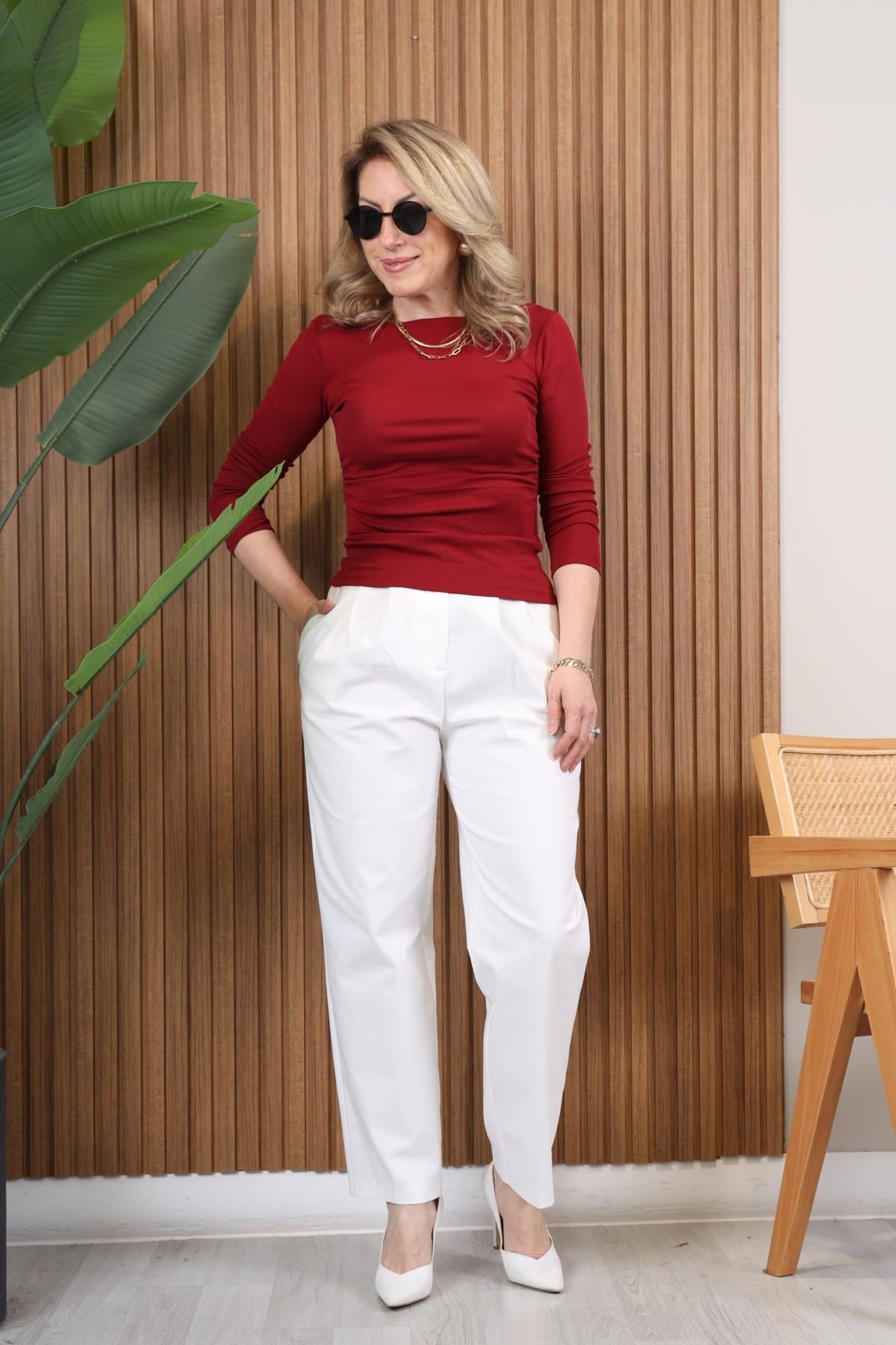 Geniş Yaka Bordo Basic Bluz