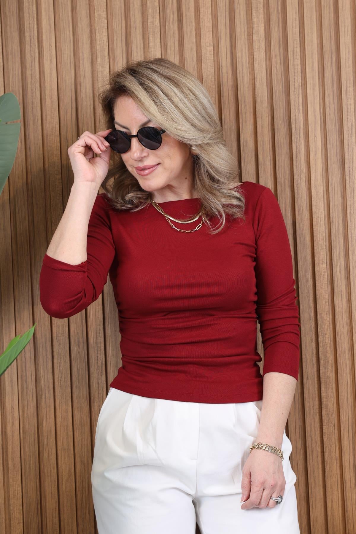 Geniş Yaka Bordo Basic Bluz