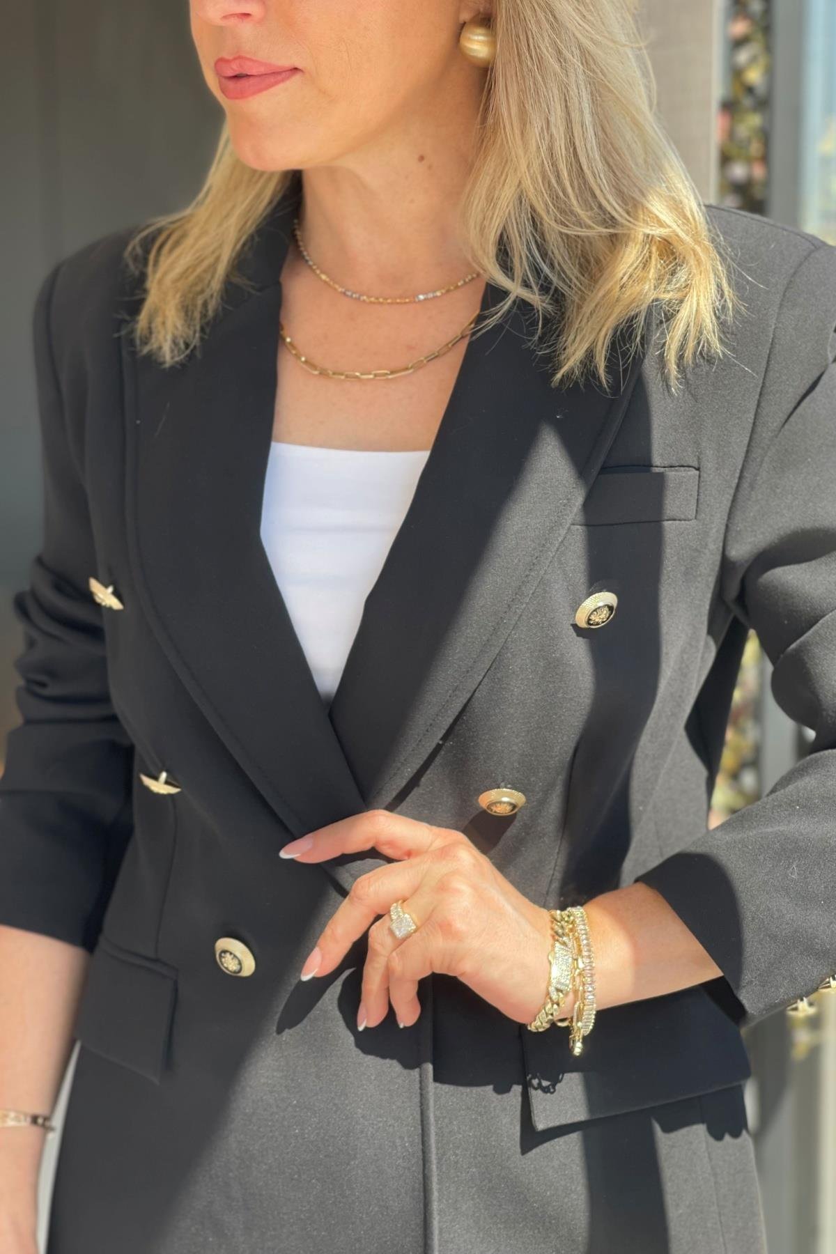 Gold Düğme Siyah Blazer