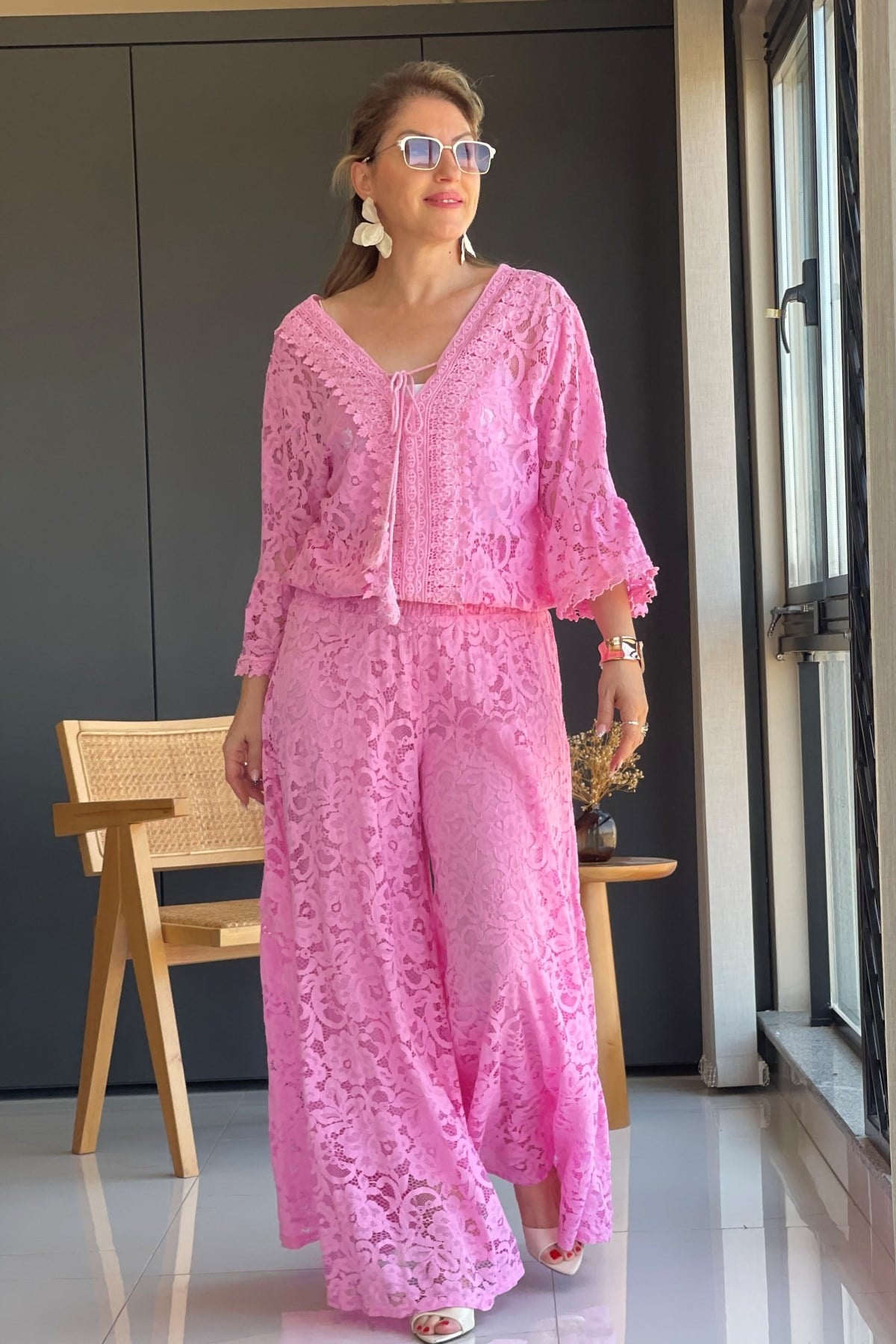 Güpür Detay Pembe Takım