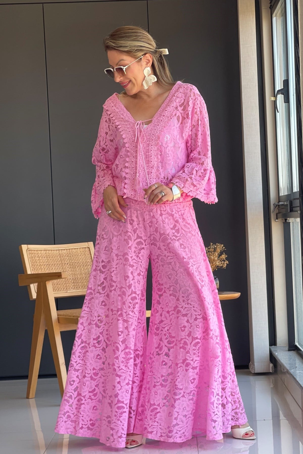 Güpür Detay Pembe Takım