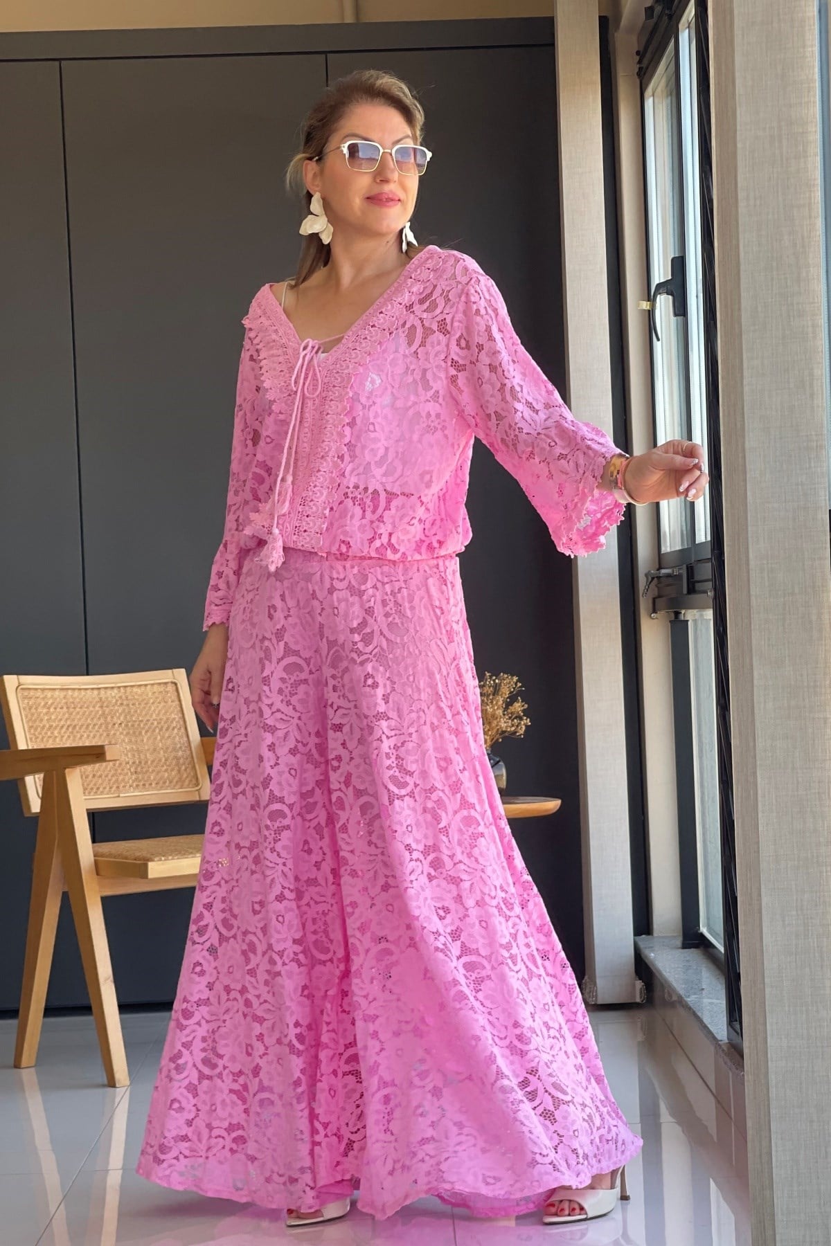 Güpür Detay Pembe Takım